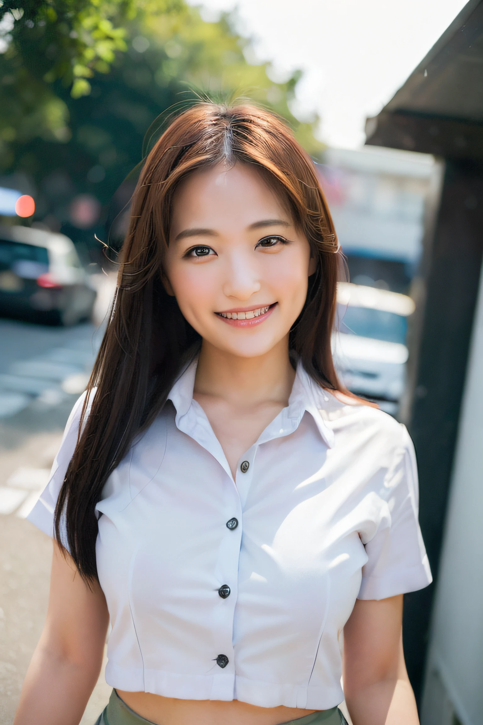 1girl, happy, smiling, (at street:1.2), ((office uniform:1.2)),night, RAW photo, (photorealistic:1.37, realistic), highly detailed CG unified 8K wallpapers, looking at viewer, (((straight from front))), (HQ skin:1.8, shiny skin), 8k uhd, dslr, soft lighting, high quality, film grain, Fujifilm XT3, ((upper body:1.6)), (professional lighting:1.6)