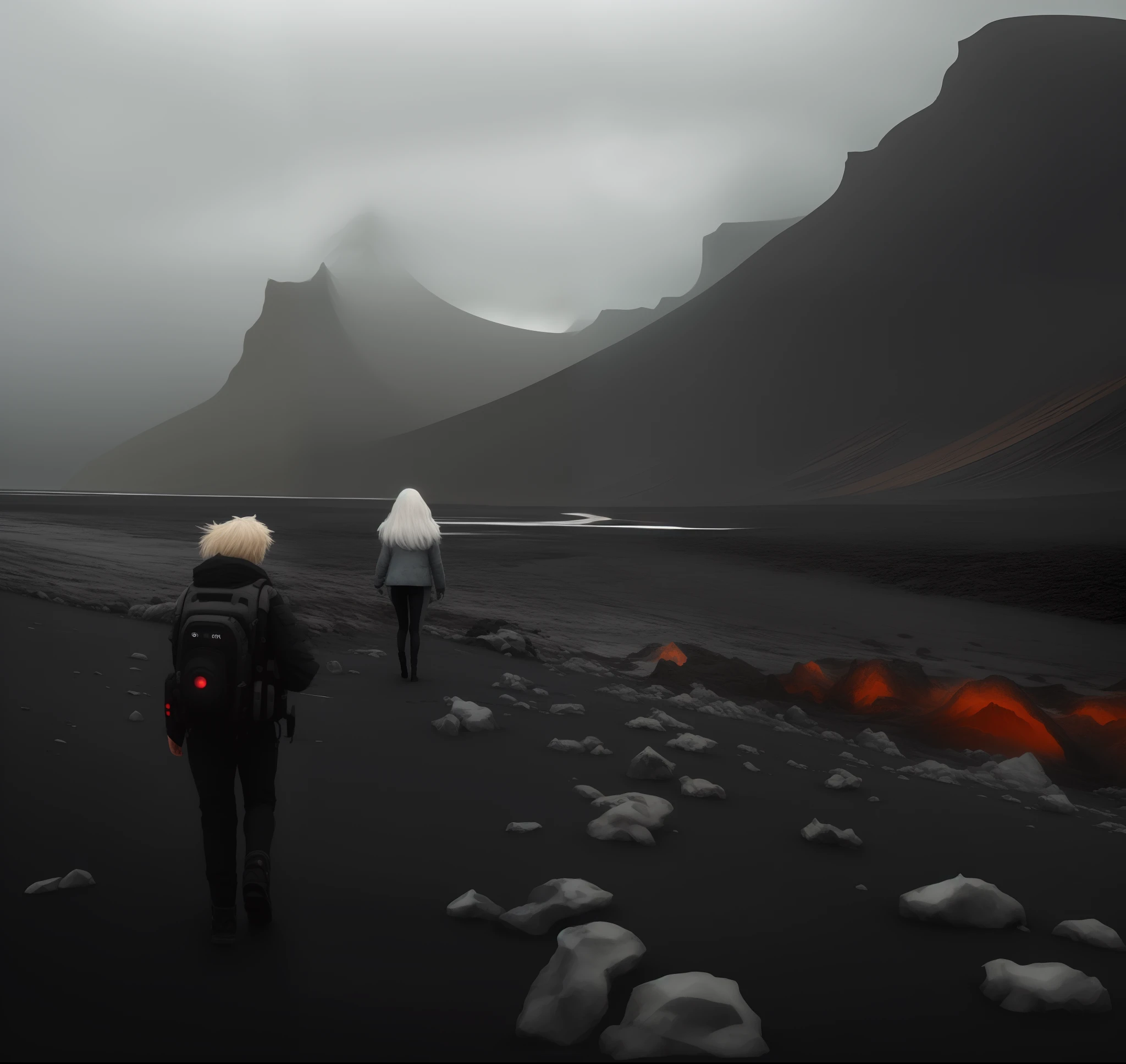 People walk on black sand beaches,The background is a mountain, sci-fi of iceland landscape, Beautiful dark landscape, in a surreal dream landscape, amazing alien landscape, stunning alien landscape, author:Jesper Ejsing, iceland photography, surreal scene, Surreal dark otherworldly emotions, matte digital painting, Beautiful dark eerie scenery, Surreal landscape, iceland, on another planet