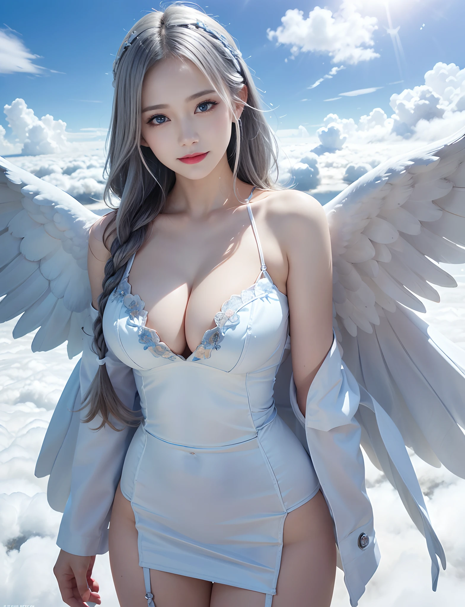 （(Only blue sky and clouds on background:1.8)）、（(Sky ring of angels above your head:1.8)）、（(Stand on the clouds:1.5)）、（(cowboy  shot:1.5)）、（(bangss:1.6)）、（(Photo from below:1.2)）、（(1girl in:1.8)）、（(独奏:1.8)）、BREAK（(slenderbody:1.2)）、（(Medium:1.2,Cleavage 1.2)）,BREAK（Wearing a white fur coat:1.5,white tight mesh dress:1.5）,BREAK（large white angel wings on the back:1.5）、（(Pose standing above clouds:1.5)）、Straight in front photo:1.5、8k wallpaper、超A high resolution,BREAK（(Photoreal Stick:1.4)）,masutepiece,Best Quality,Perfect Lighting,Detailed Lighting,Dramatic light and shadow,Ray tracing,BREAK（Perfect Anatomy:1.4）、（(Looking at Viewer)）、A detailed face、A detailed eye、Detailed clavicle、real looking skin、BREAK（20yr old）、（(A smile:1.1)）、（(Silver semi-long:1.5,Braiding the head:1.3)）、（aqua blue eyes、eye line、Red Lip）