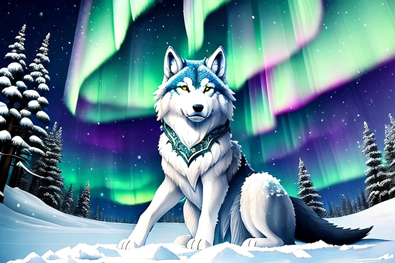 ((siting snow wolf with aurora tail logo illustration:1.2)), ((aurora cockcrow:1.1)), dawning, (unique perspective:1.1). stunningly intricate detailed illustration, digital color, extremely beautiful fur, (captivatingly surreal ambiance), conceptual contrast, (gouache:1.1), ancient wonder. intricate details, (intricate insane details:1.2), dark fantasy forest background, snow lighting, (true insane masterpiece:1.1), sharp, radiance shining through every pixel, mysterious ambient lighting, solemnity atmosphere, true master piece,
