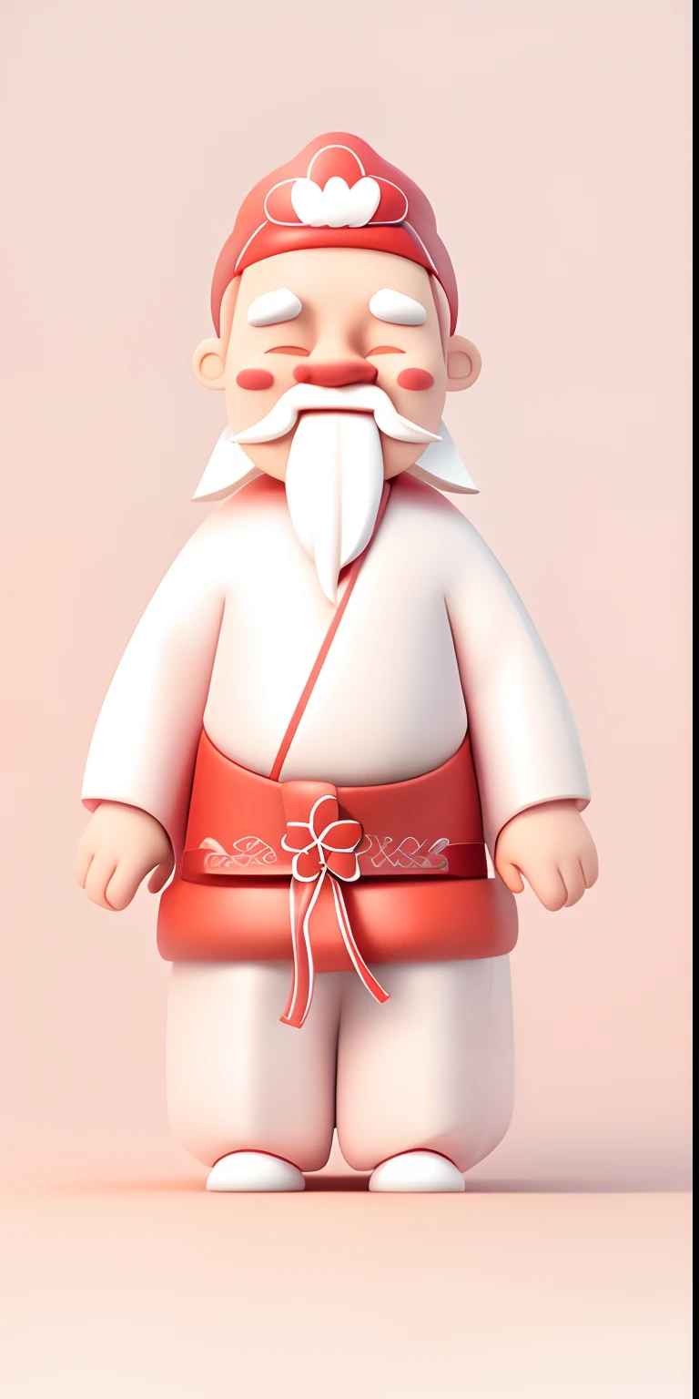 A standing cartoon Chinese old man, Red nose head, Fair cheeks， White eyebrows, Long white beard, Wearing red traditional Chinese costumes, A red hat，It is decorated with glutinous rice grain shapes, A belt with rice ears is tied around the waist, 3D modeling