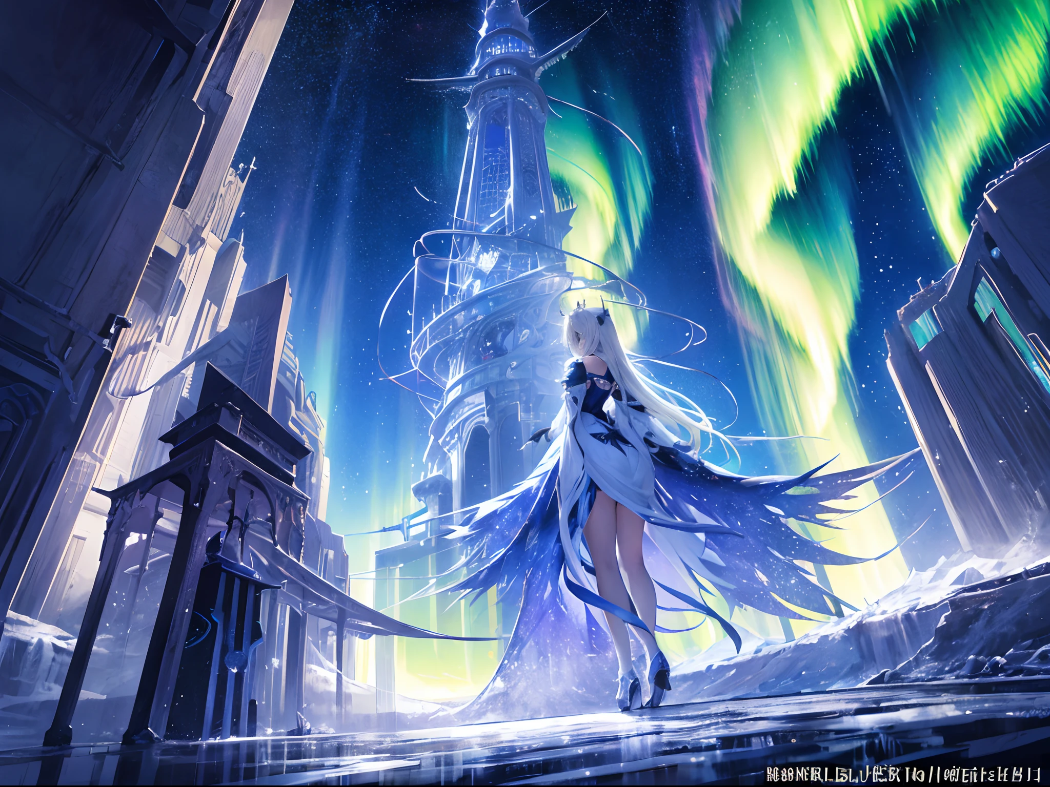 outfit design,(Best Quality), (masutepiece:1.3), (Photorealistic:1.36), (Realistic), Ultra-detailed, (a panoramic view, Wide Shot, Landscape Center, Distant perspective):1.4. Beautiful woman in intricate delicate design dress, Walk through the freezing ice field. The ice queen, a crown with the intention of evoking the image of ice, and a dress in colors that seem to reflect the image of the Northern Lights, Fantastic Northern Lights in the Sky, With a sky full of stars. Beautiful face and glowing colorful eyes. A land of ice that seems to reflect the faint light of the Northern Lights. Detailed description and bright colors. Gorgeous images in high quality.