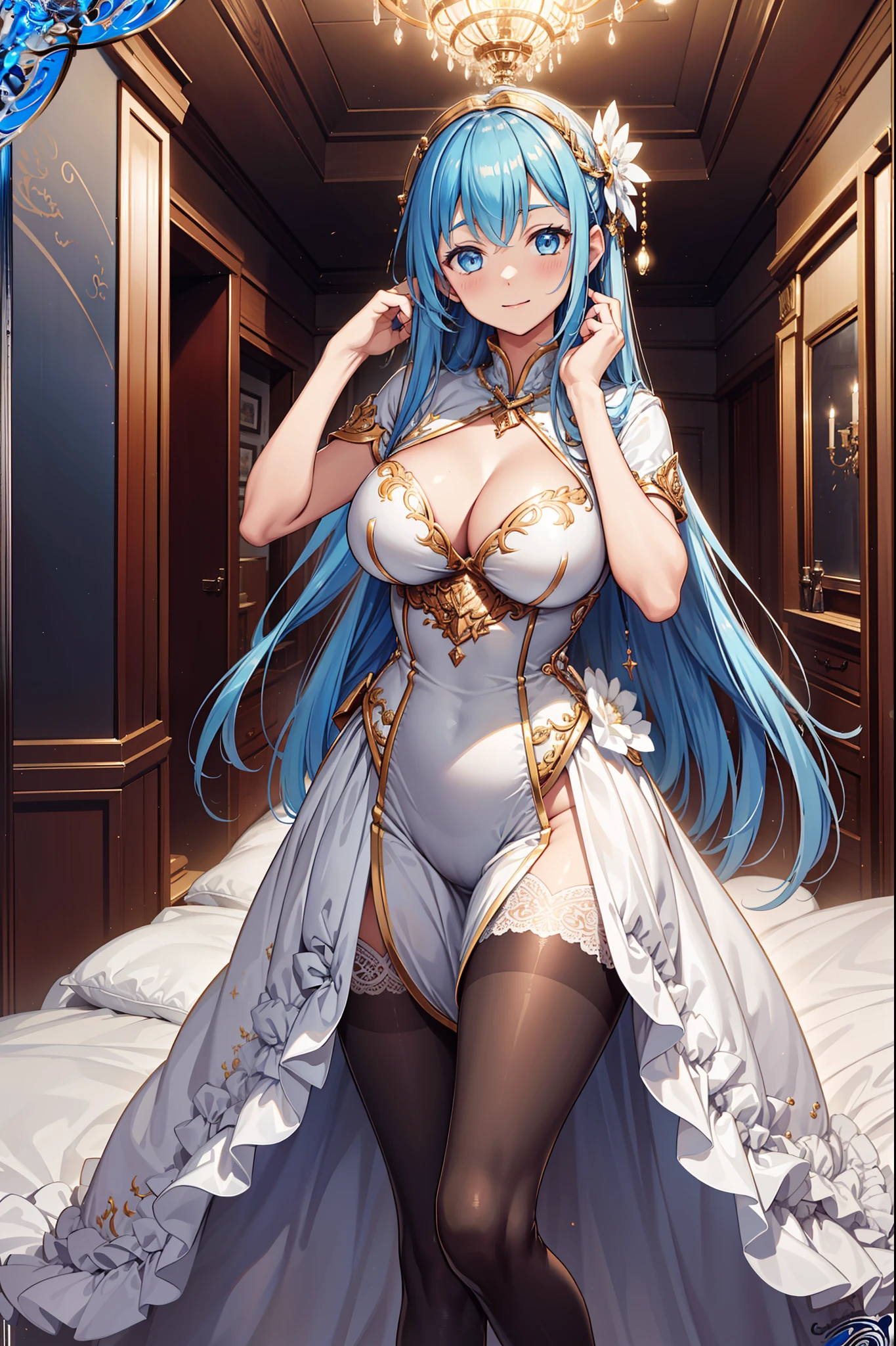 teens girl,divino,(Best quality,4K,8K,A high resolution,Masterpiece:1.2),Ultra-detailed,Enchanted,Seductive pose,having fun,divino,(Western-style light dress),White cloth,silber hair,eBlue eyes,see-through transparent clothes,Delicate hair accessories,Transparent lace,Sky blue pattern,nigth,exquisite costumes,Bedrooms,solo person,Carved pantyhose