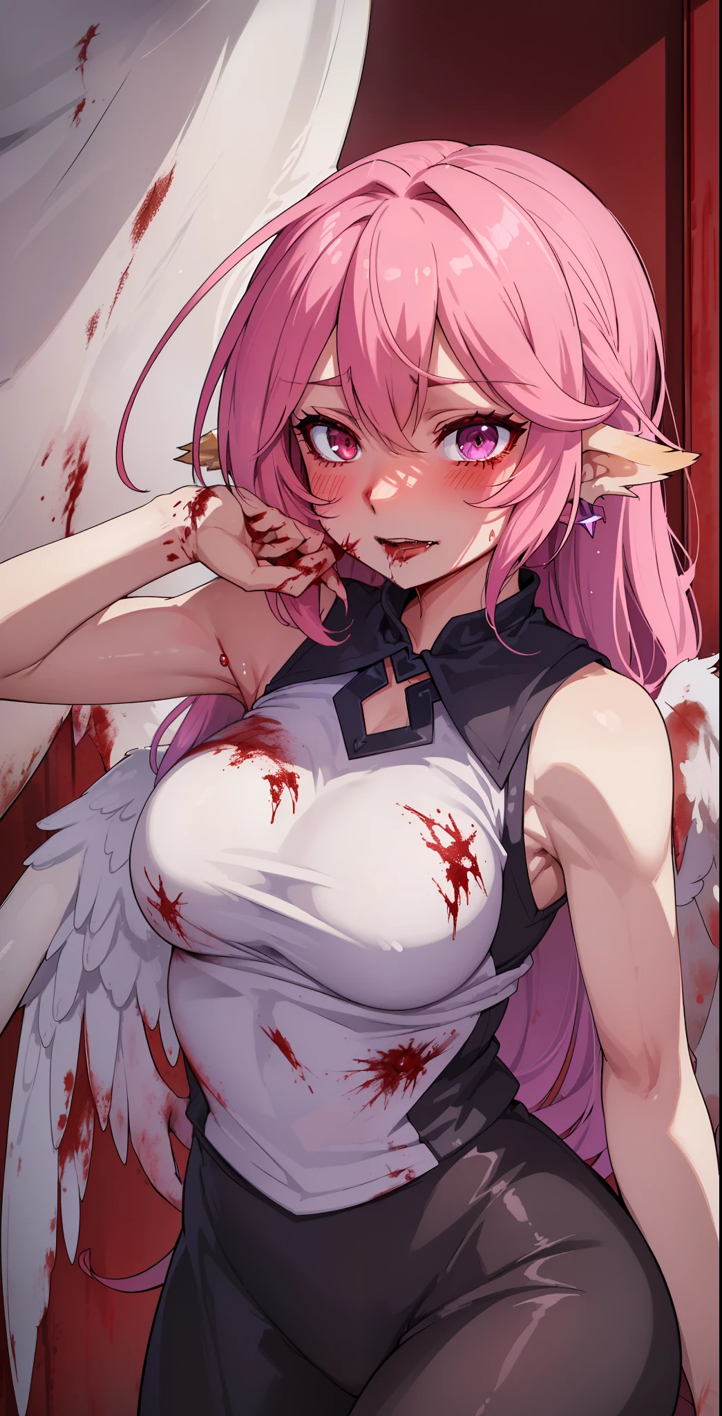 Jibril, (standing), blushed, perfect anatomy, detailed eyes, detailed lips, extremely detailed eyes and face, vivid colors, sharp focus, masterpiece:1.2, ultra-detailed, blushed, (((doggystyle)), (solo), (((sleeveless, angel of death, evil, bloody, blood)))