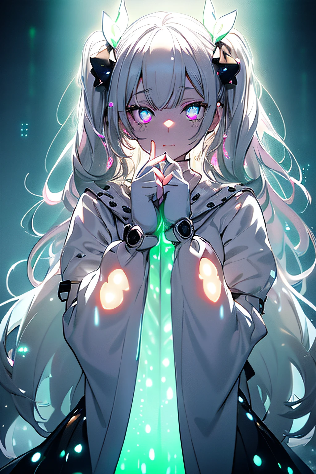 Blonde girl with gray hair and black and white polka-dot nails, twintails white_gloves, Eyes that glow white, white skin and reflective eyes, with white long hair, Gloomy white eyes, (((((((no glow))))))), ball jointed doll, guweiz, very aesthetic!!!!!!, with index finger, silver eyes full body, With glowing eyes