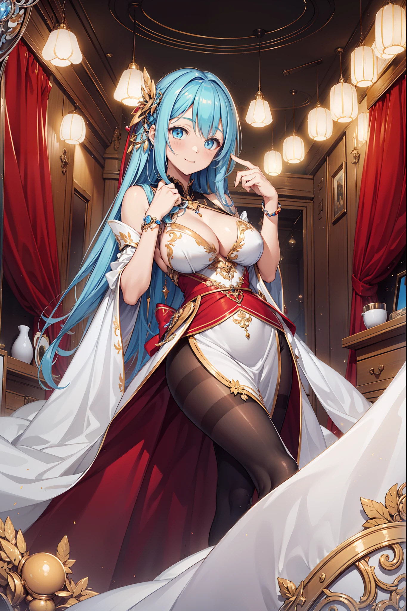 s girl,divino,(Best quality,4K,8K,A high resolution,Masterpiece:1.2),Ultra-detailed,Enchanted,Seductive pose,having fun,divino,(Western-style light dress),White cloth,silber hair,eBlue eyes,see-through transparent clothes,Delicate hair accessories,Transparent lace,Sky blue pattern,nigth,exquisite costumes,Bedrooms,solo person,Carved pantyhose