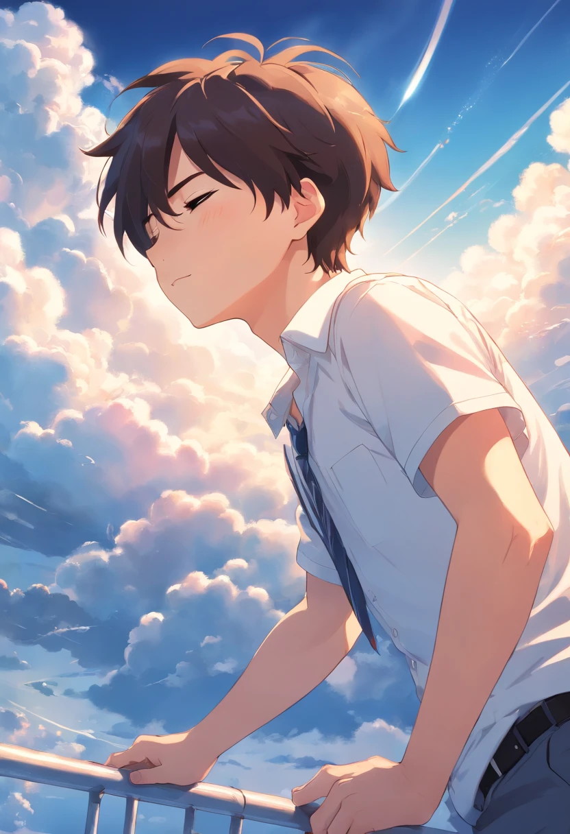 Sleeping on the clouds, A 19-year-old boy in a white shirt, Eyes closed, Short-haired, Sunny