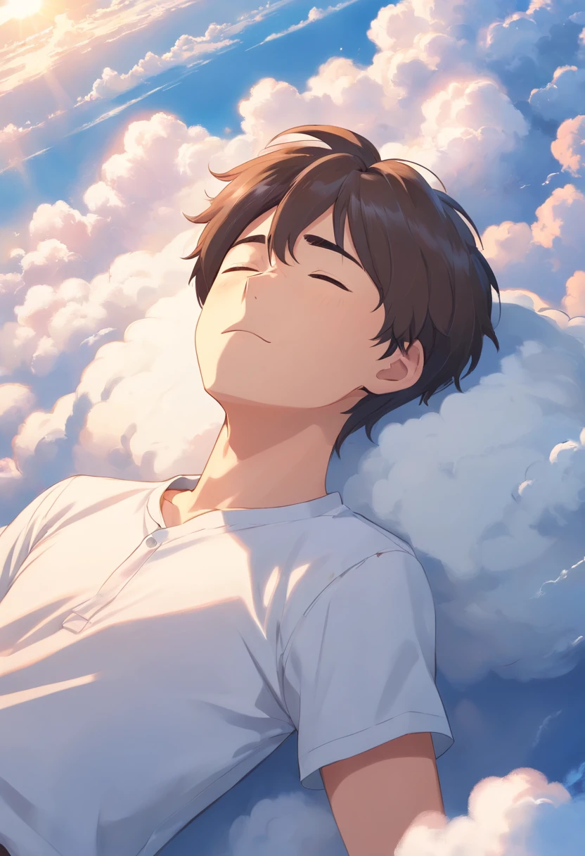 Sleeping on the clouds, A 19-year-old boy in a white shirt, Eyes closed, Short-haired, Sunny