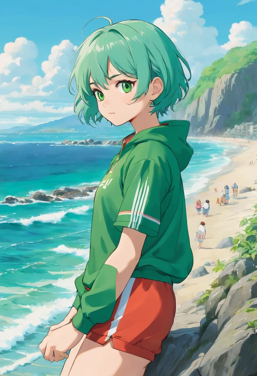 Teen in green hair,kblack eyes,in a tracksuit,On the background of the shore.