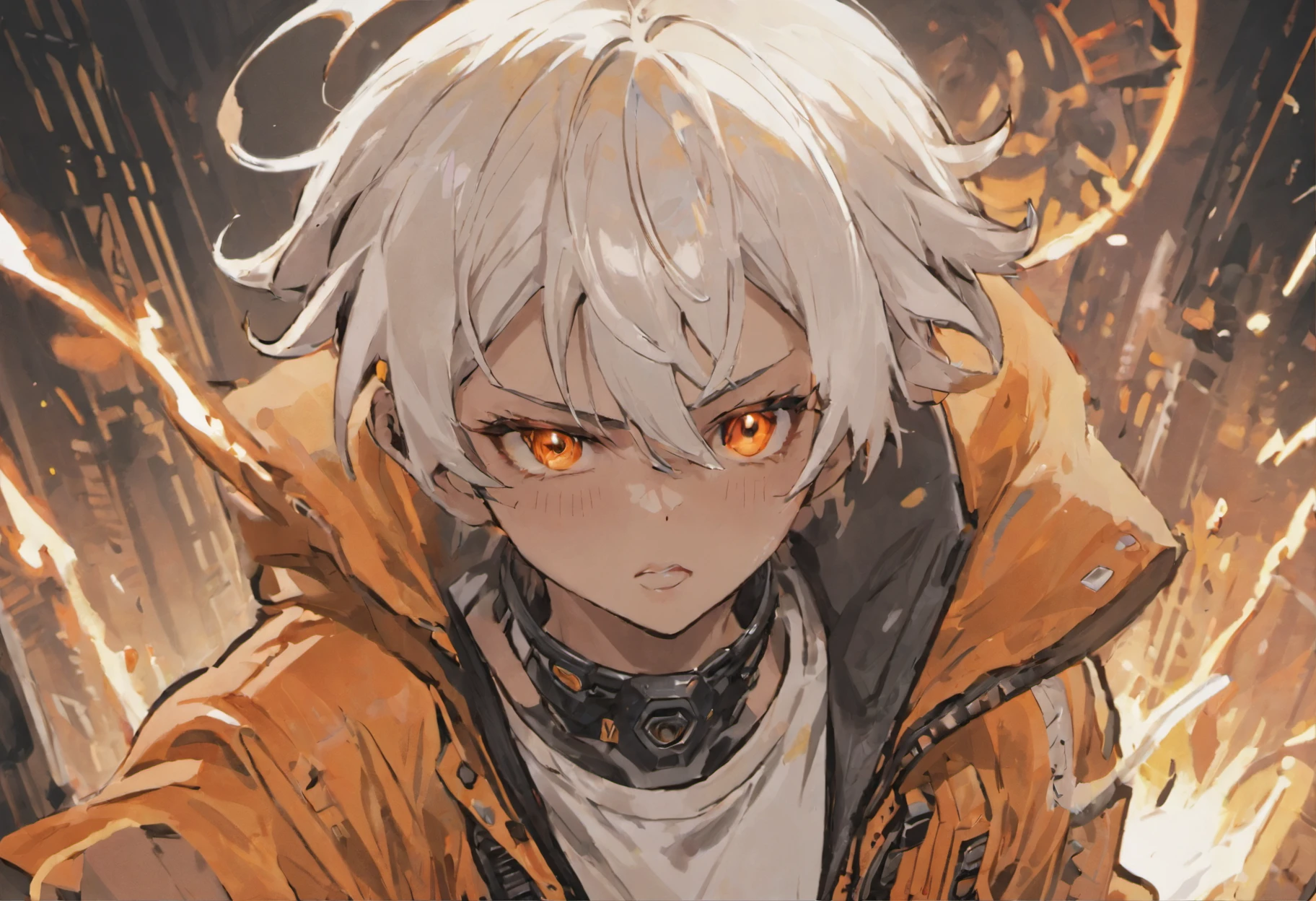 White color hair，short detailed hair，Libido boy，Dark  skin，orange eyes，There is a scar on the bridge of the nose，Mechanical craftsman，Windproof eyepieces are worn on the head，White-orange overalls