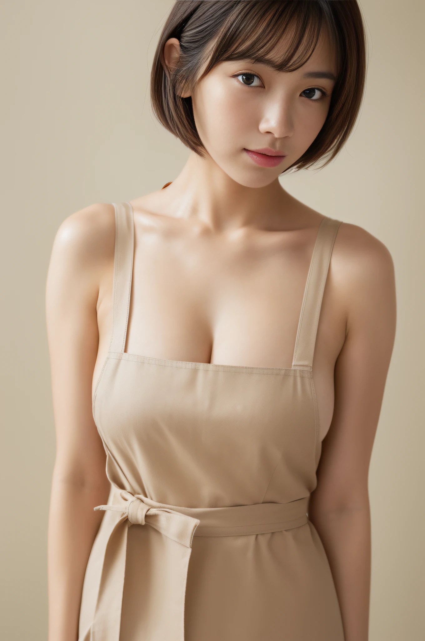 (Best quality, 8k, 32k, Masterpiece, UHD:1.2), Photo of Pretty Japanese woman, large breasts, very short bob hair, upper body, face focus, apron, no bra, simple background, from above, looking at the viewer,
