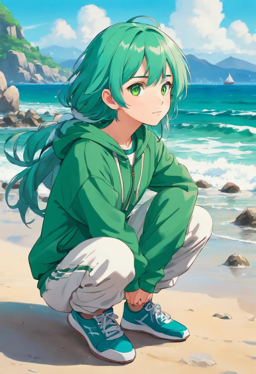 Teen ??? in green hair,kblack eyes,in a tracksuit,On the background of the shore.