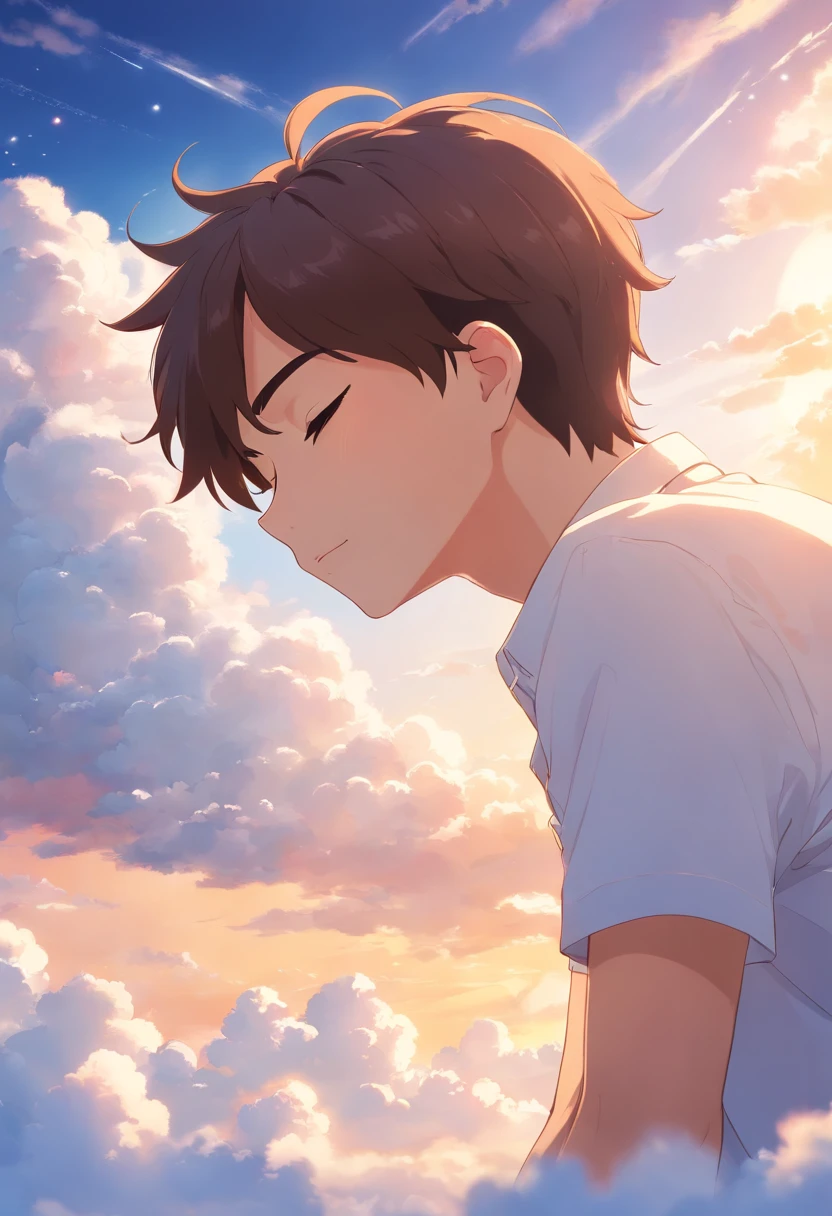 Sleeping on the clouds, Young man in white shirt, Eyes closed, Short-haired, Sunny