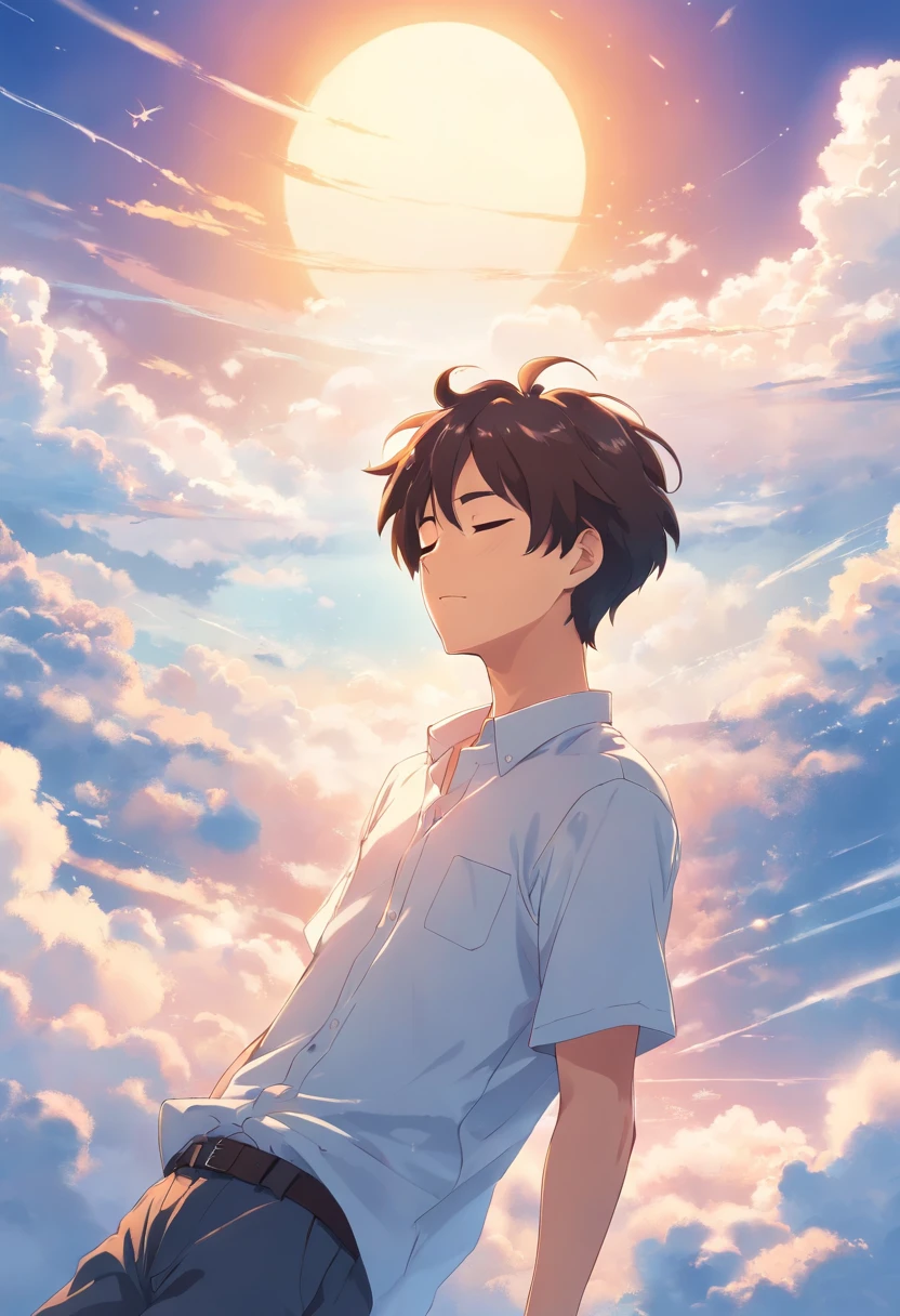 Sleeping on the clouds, Young man in white shirt, Eyes closed, Short-haired, Sunny