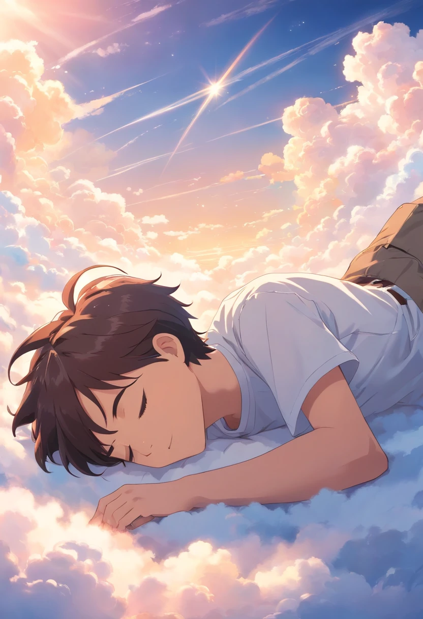 Sleeping on the clouds, Young man in white shirt, Eyes closed, Short-haired, Sunny