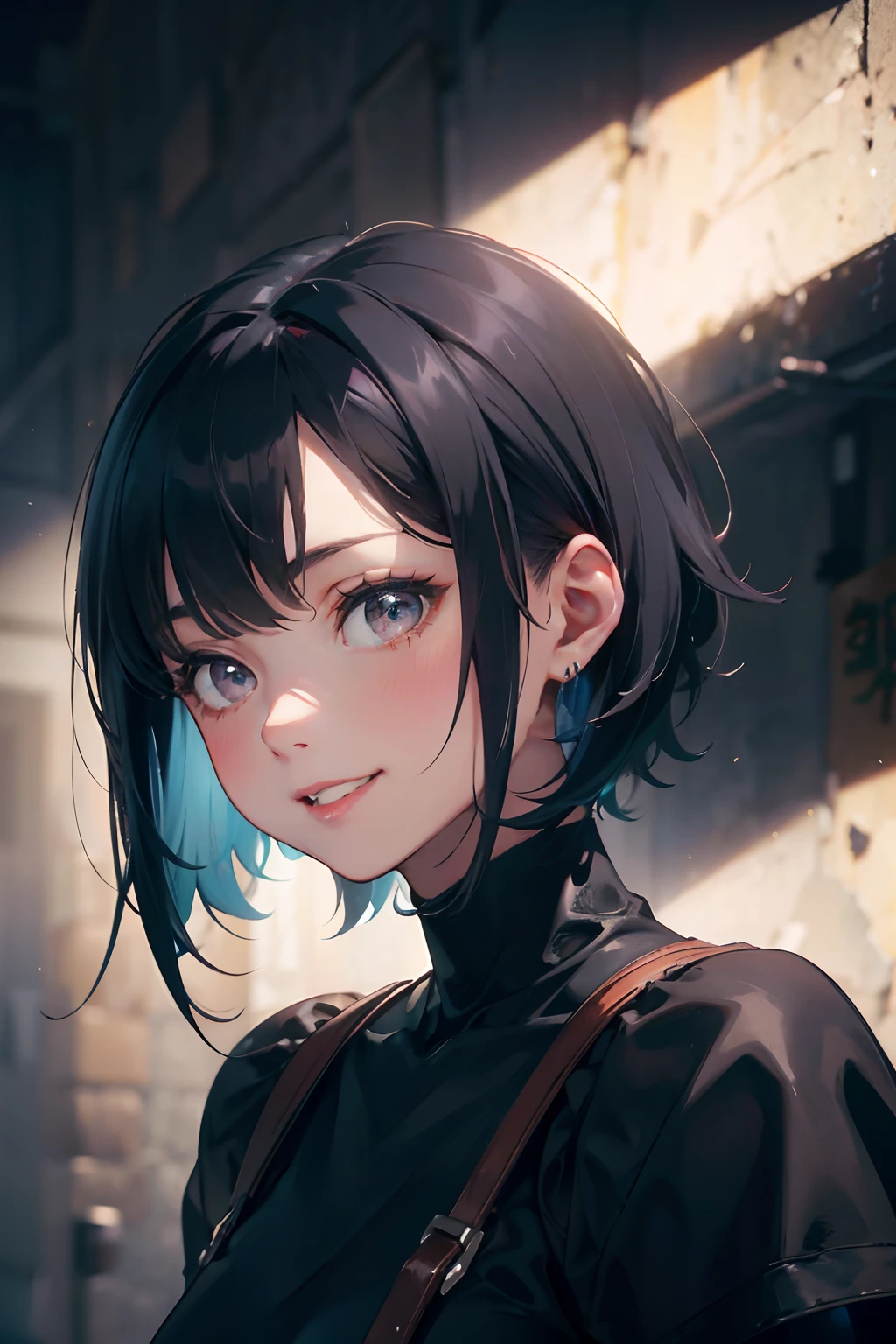 a 20 yo woman、Black blue Hair、Bery short hair、Big smile、(hi-top fade:1.3)、dark themed、Muted Tones、Subdued Color、highly contrast、(natural skin textures、Hyper-Realism、Soft light、sharp)