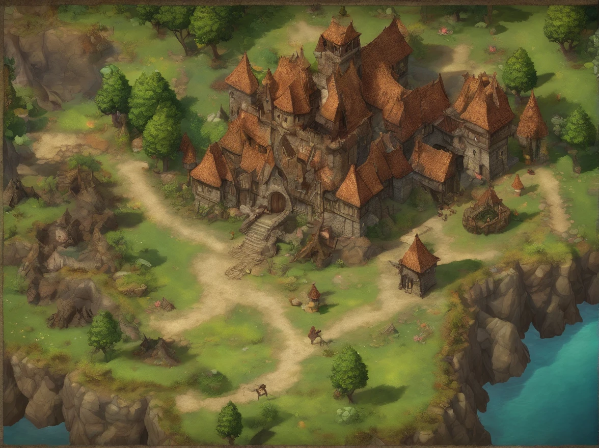 Bird's eye view is taken directly from top to bottom from the drone, Parchment map of the mysterious continent, (Huge dark magic roots sprout from the West:1.2), (Black necrotic magic in the air:1.2), Fire, ice and thunder, dungeons and dragons, Final Fantasy, Game art, (Coherent architecture and interior design, With realistic proportions and textures, Intricate details, handpainted, vibrant, Cinematic lighting, Masterpiece, 8K:1.2),