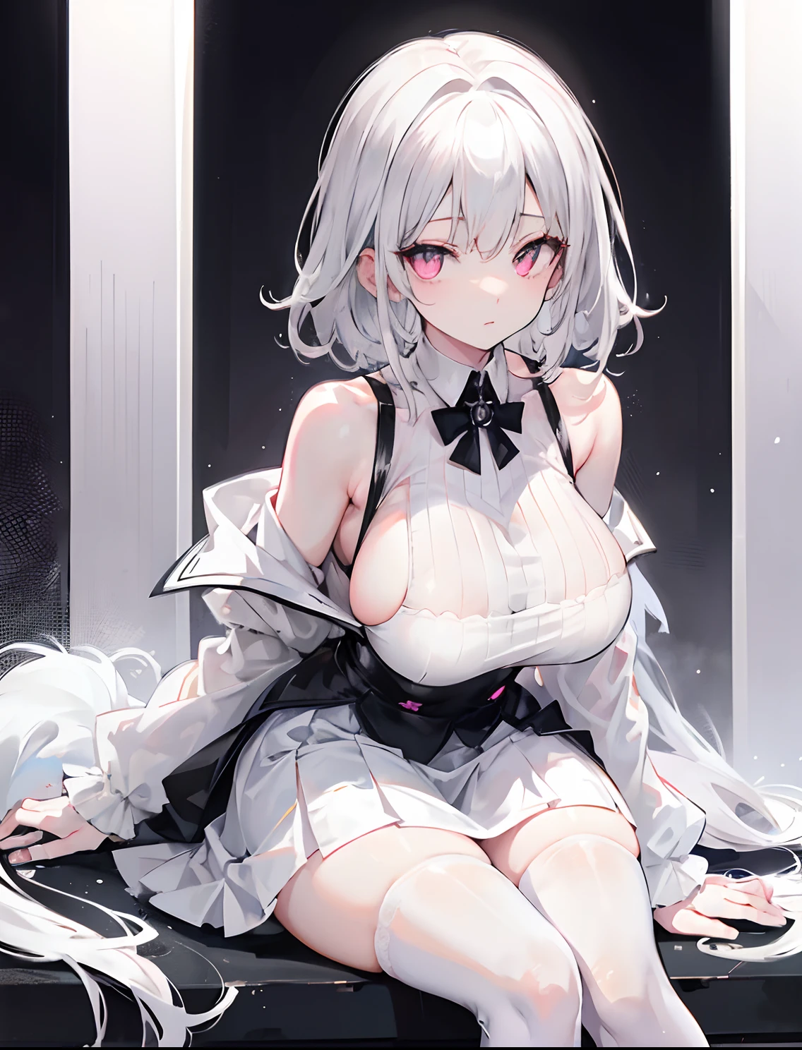 Long pale silver-white gray hair，Pink eyes，Loving pupils，Big Breasts Girl，White off-the-shoulder short sleeves，black short skirt，white stockings，The top is soaked，Slightly moist hair，Favorite expressions，