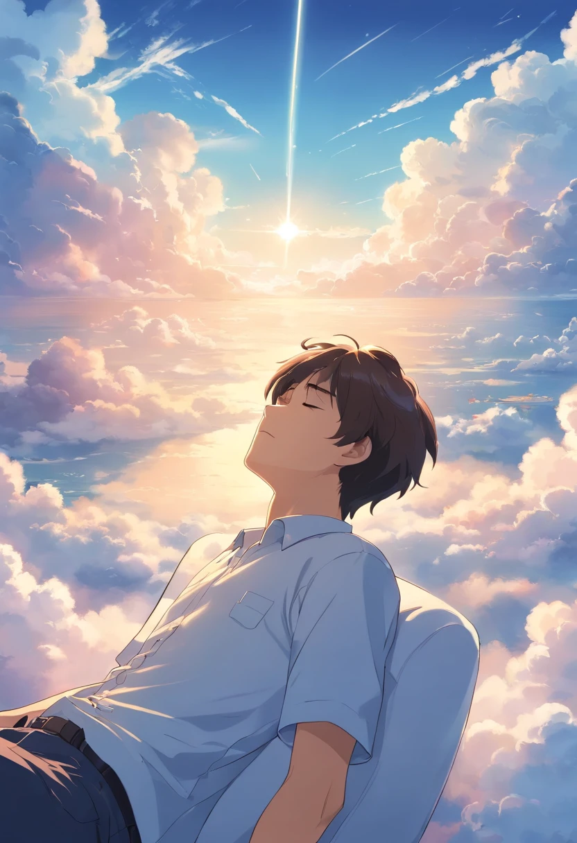 Sleeping on the clouds, The man in the white shirt, Eyes closed, Short-haired, Sunny