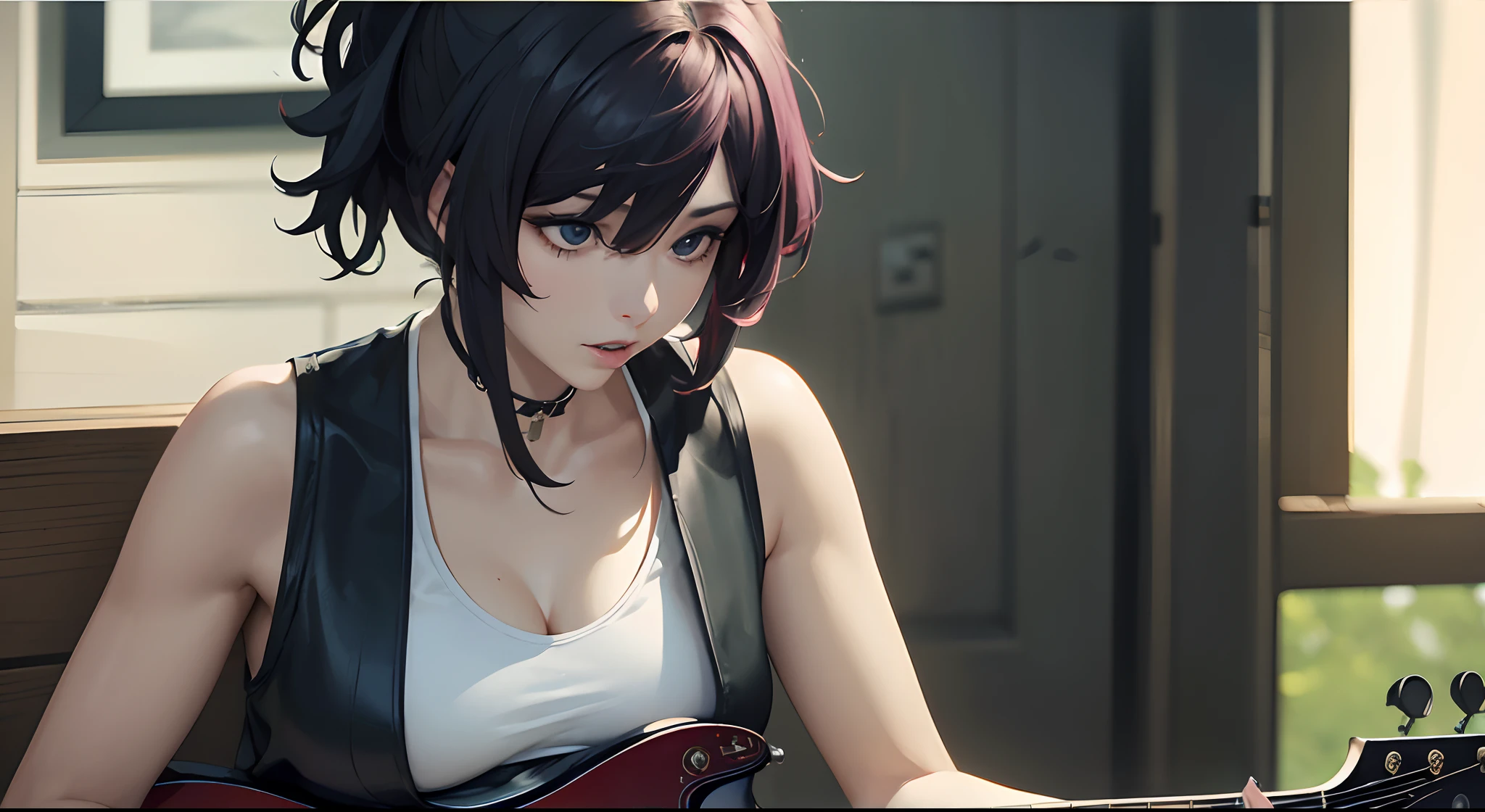 Female guitarist sitting on a chair, Very beautiful woman, Look at this and laugh defiantly, Bad Woman, jazz, It's Rock 'n' Roll, blues、natta、Dark and messy room、Cigarette butts in beer cans and ashtrays on the table, ((masutepiece)), ((8k picture)), ((Ultra-detailed writing))