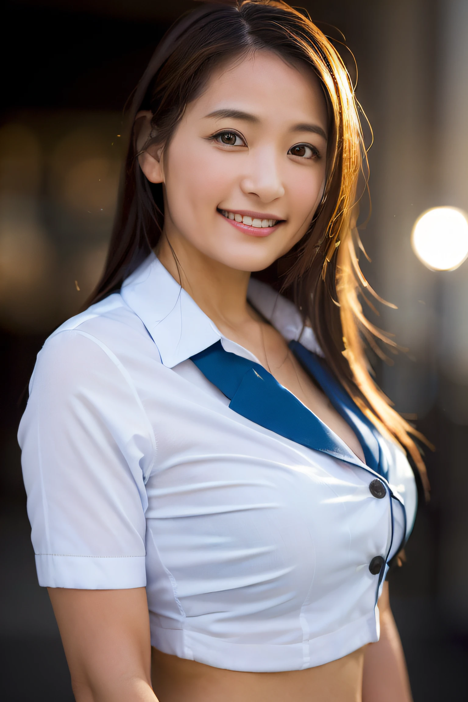 1girl, happy, smiling, (at street:1.2), ((office uniform:1.2)),night, RAW photo, (photorealistic:1.37, realistic), highly detailed CG unified 8K wallpapers, looking at viewer, (((straight from front))), (HQ skin:1.8, shiny skin), 8k uhd, dslr, soft lighting, high quality, film grain, Fujifilm XT3, ((upper body:1.6)), (professional lighting:1.6)