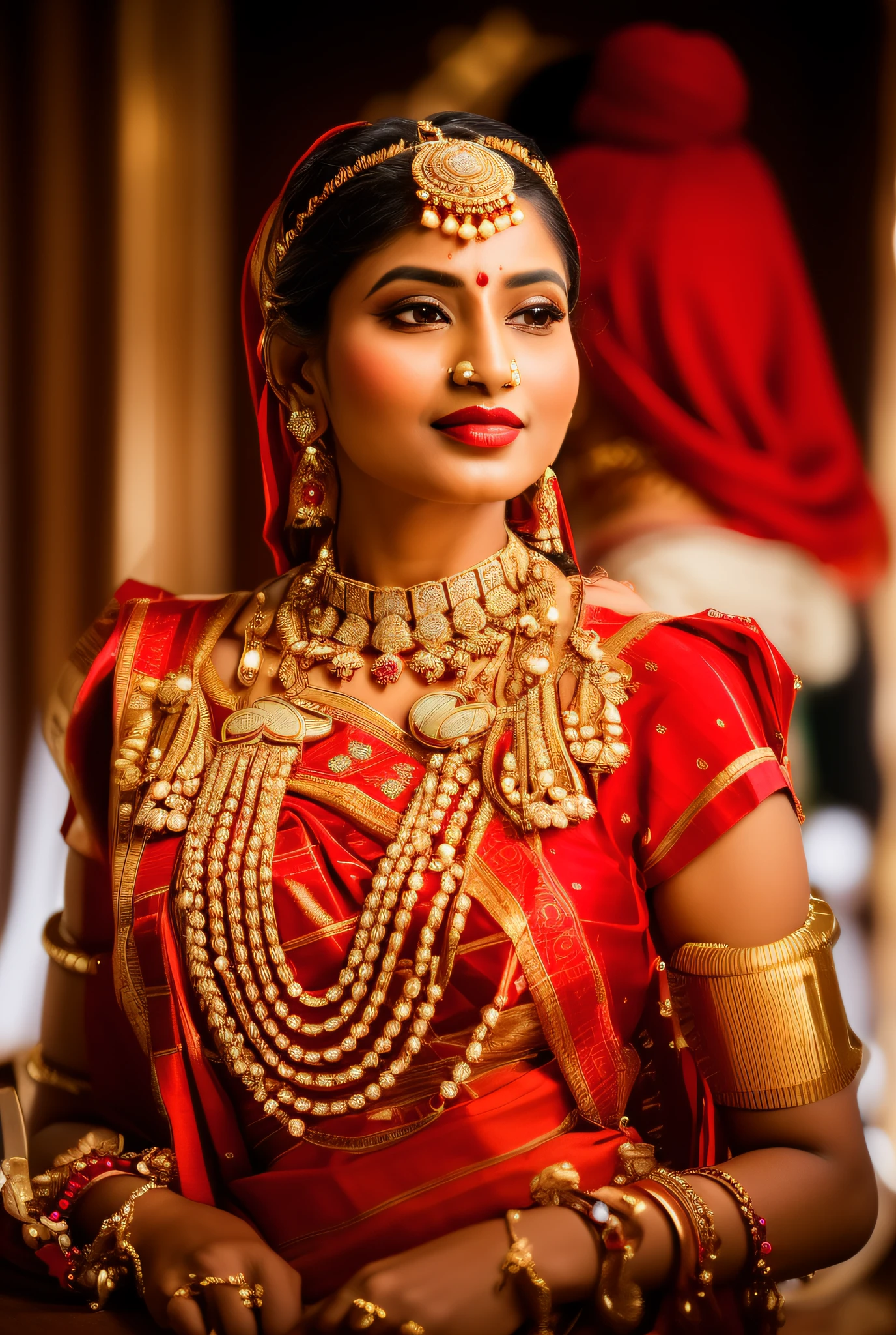 8k ultra, araffe woman in a red sari with a necklace and earrings, traditional beauty, indian style, traditional female hairstyles, wearing bihu dress mekhela sador, very beautiful enga style, adorned with precious stones, traditional makeup, indian, wearing jewellery, wearing an elegant tribal outfit, traditional, tribal jewelry, traditional clothes, traditional clothing, wearing elegant jewellery
