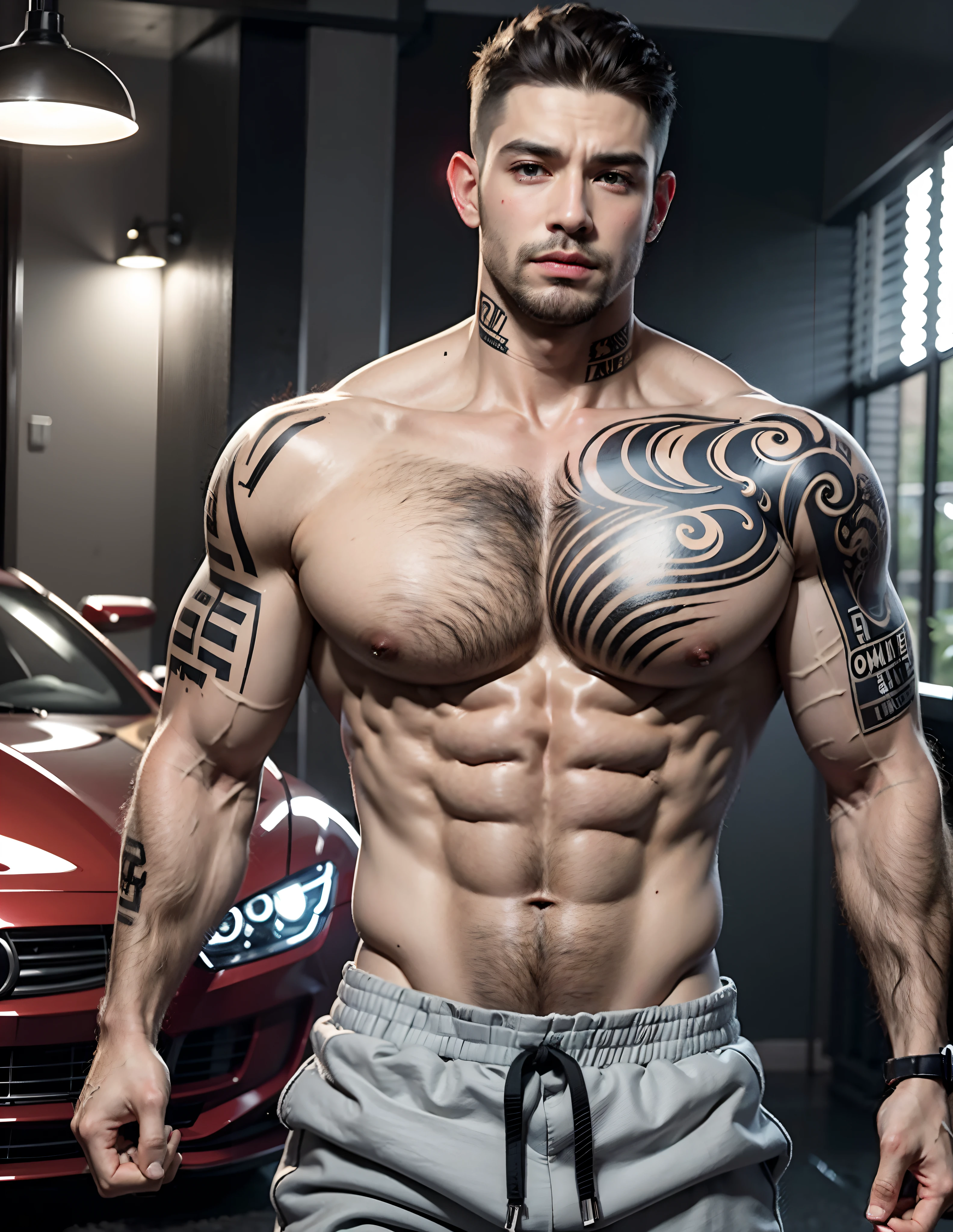 best quality,ultra-detalhado,Realistic,homem forte com olhar sedutor,not shirt,Tatuado, homem alto com cabelo liso no peito, sweatpants, Tatuagens, maxilar largo, olhos pequenos, estilo malvado