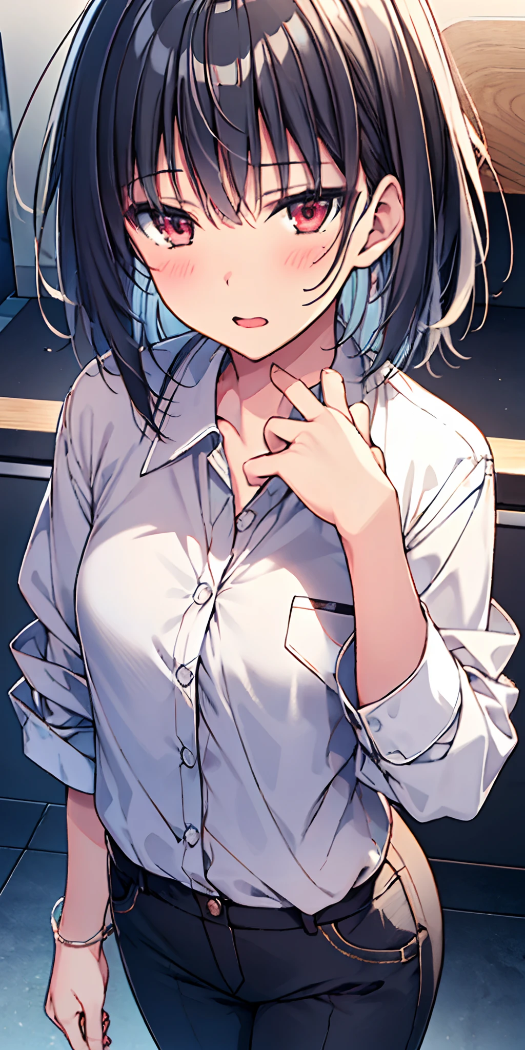 独奏 (Having my breasts massaged:1.9. Stick out your lips) ,BREAK,(White collared sleeveless shirt, tall woman, black hair, short hair, ponytail:1.9 Swept-to-the-side bangs, beautiful, cute, big breasts, sweat, excitement, blushing),Man's hand bra