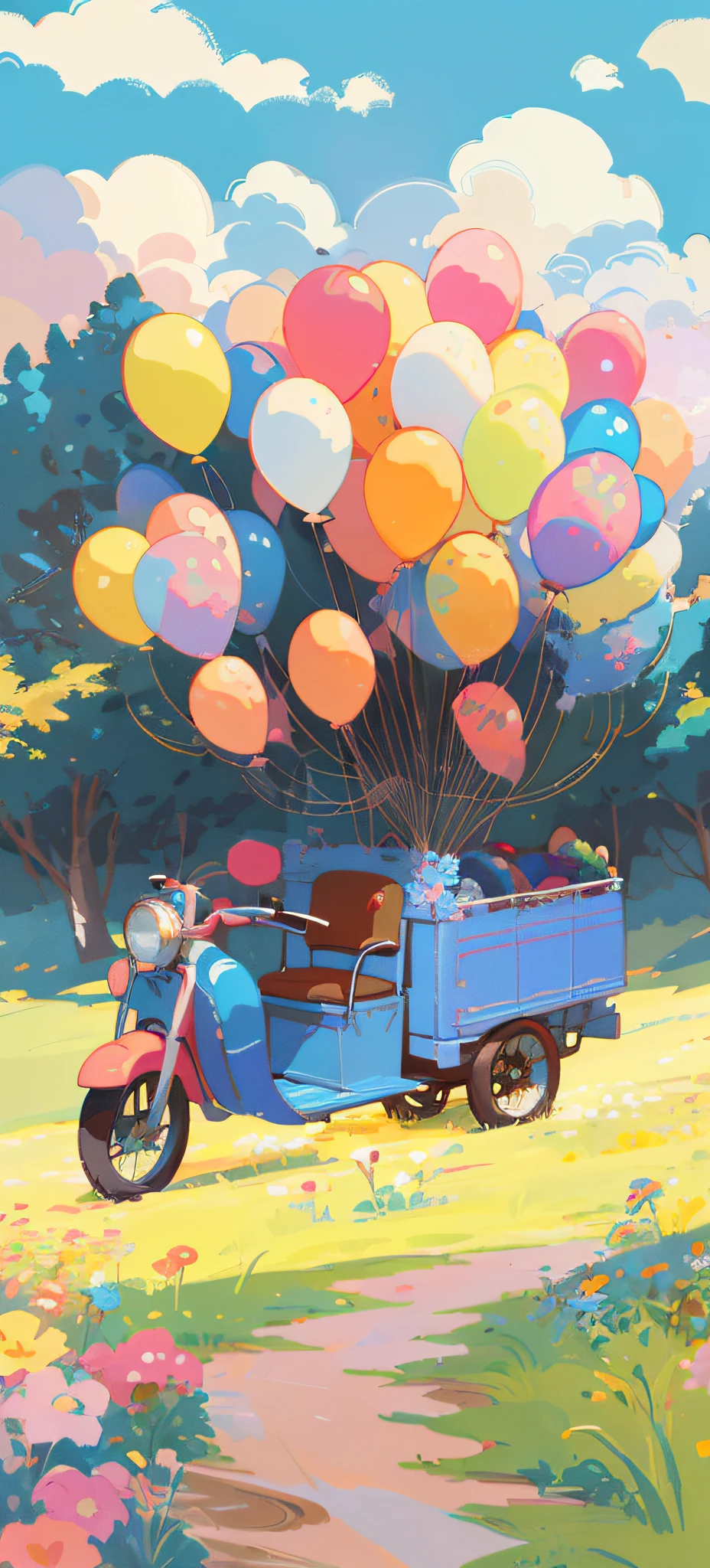 Cartoon illustration of a tricycle,There are trucks and balloons in the back, A beautiful artwork illustration, Praise Artstyle, blurry and dreamy illustration, Stylized digital illustration, dreamlike illustration, Detailed 2D illustration, background artwork, painting illustration, Lofi art, vehicle illustration, Colorful illustration, low details. Digital painting, lo-fi illustration style, colorful concept art