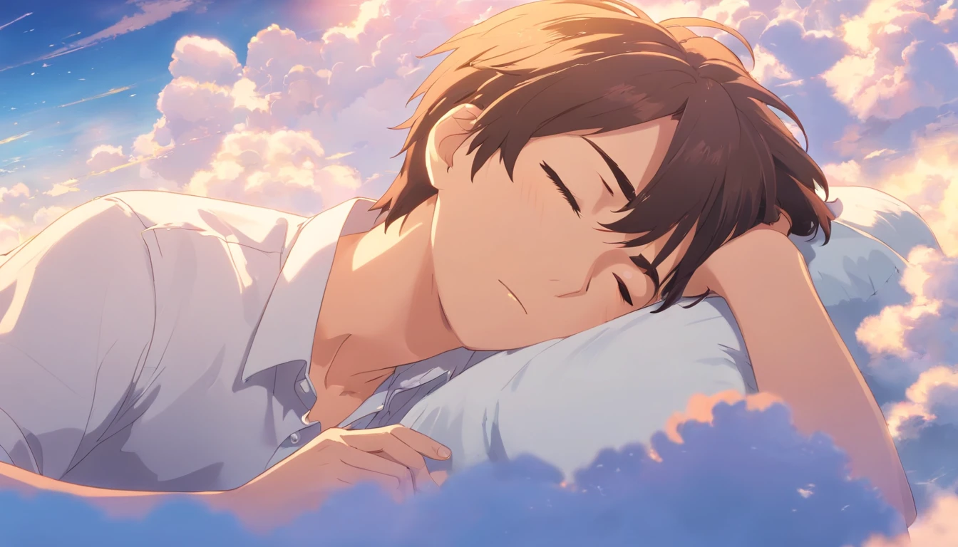 Sleeping on the clouds, Handsome man in white shirt, Eyes closed, Short-haired, Sunny