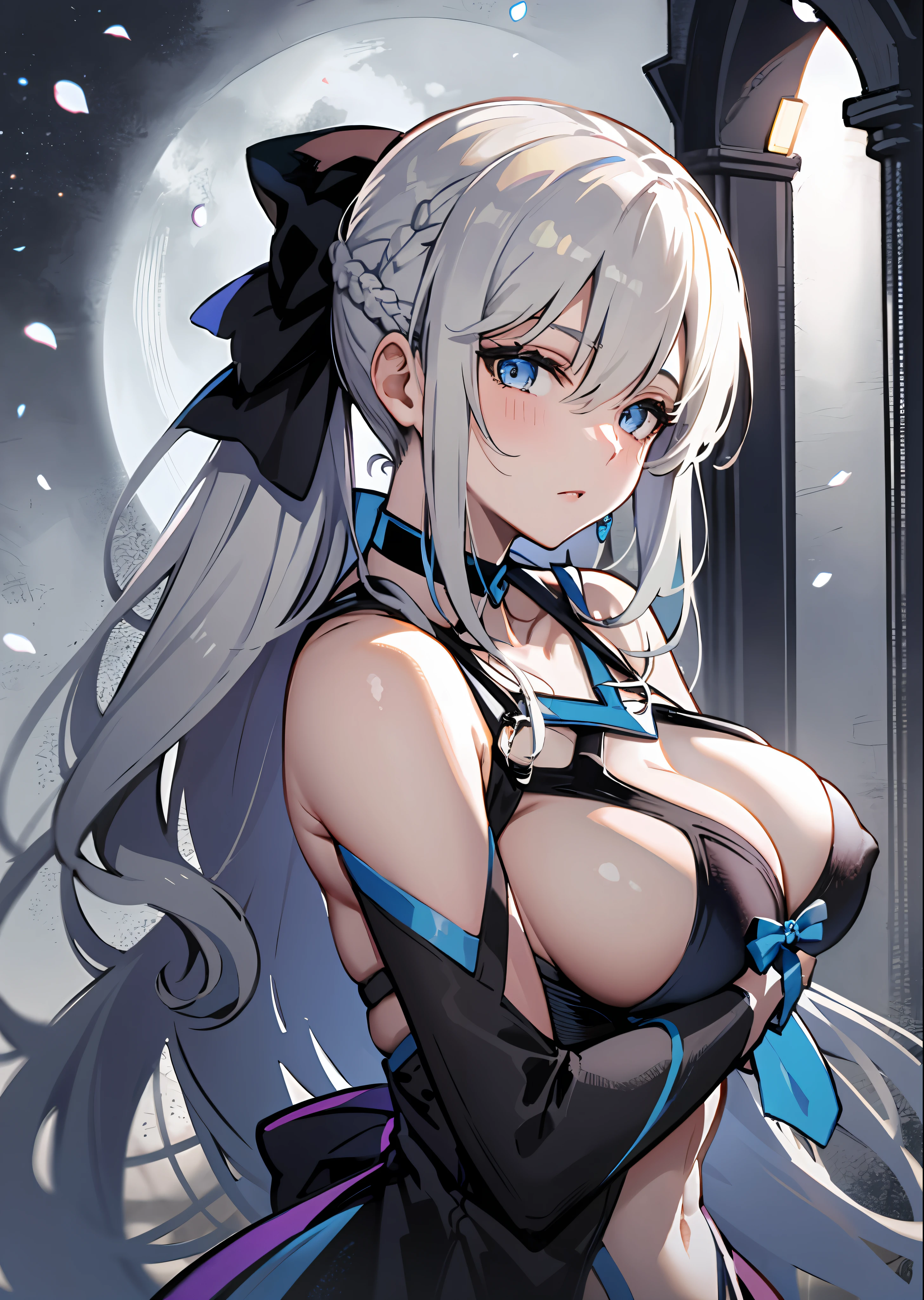 Masterpiece, Best Quality,a 1girl, Breast, morgan le fay (fate), 独奏, blue eyes, Long Hair, pony tail, bow, braid, weapons, cleavage, Very long hair, big boob, black bow, looking  at viewer, gown, Hair Bow, thights, thights, black dress, Bangs, side locks, French braid, pelvic curtain, grey hair,  a moon