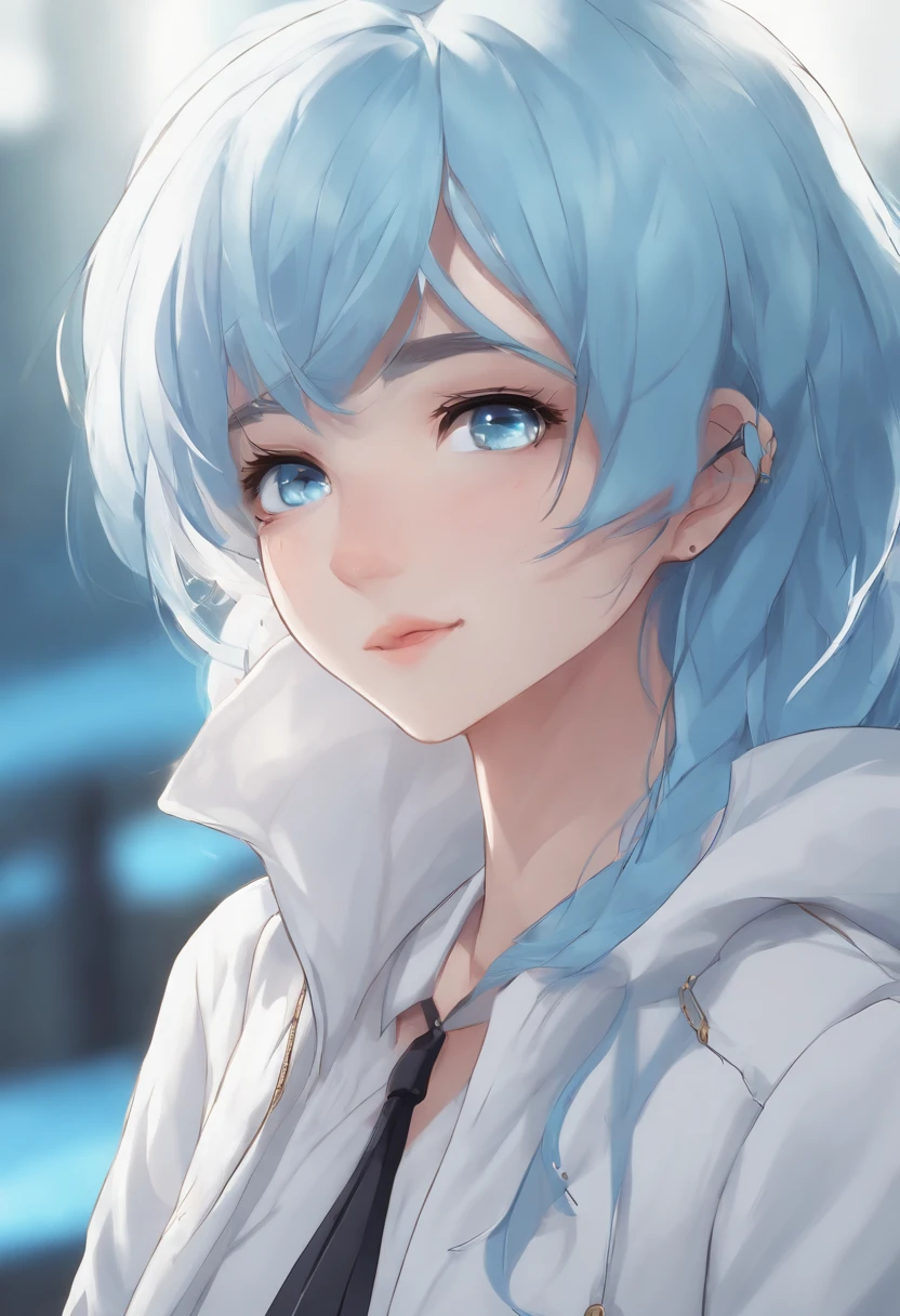 A closeup of a person with blue hair wearing a white jacket, 4D anime style, tall anime face with blue eyes, !! full body portrait!!, anime girl, moe artstyle anime, single full body character, full body!!, anime full body illustration, anime style character, full_body!!, full body model vtuber anime, blue color sorando with purchase affection
