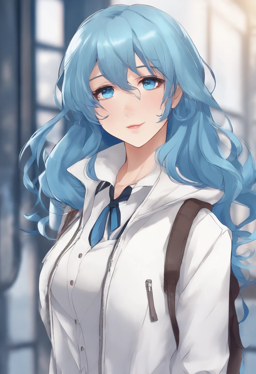 A closeup of a person with blue hair wearing a white jacket, 4D anime style, tall anime face with blue eyes, !! full body portrait!!, anime girl, moe artstyle anime, single full body character, full body!!, anime full body illustration, anime style character, full_body!!, full body model vtuber anime, blue color sorando with purchase affection