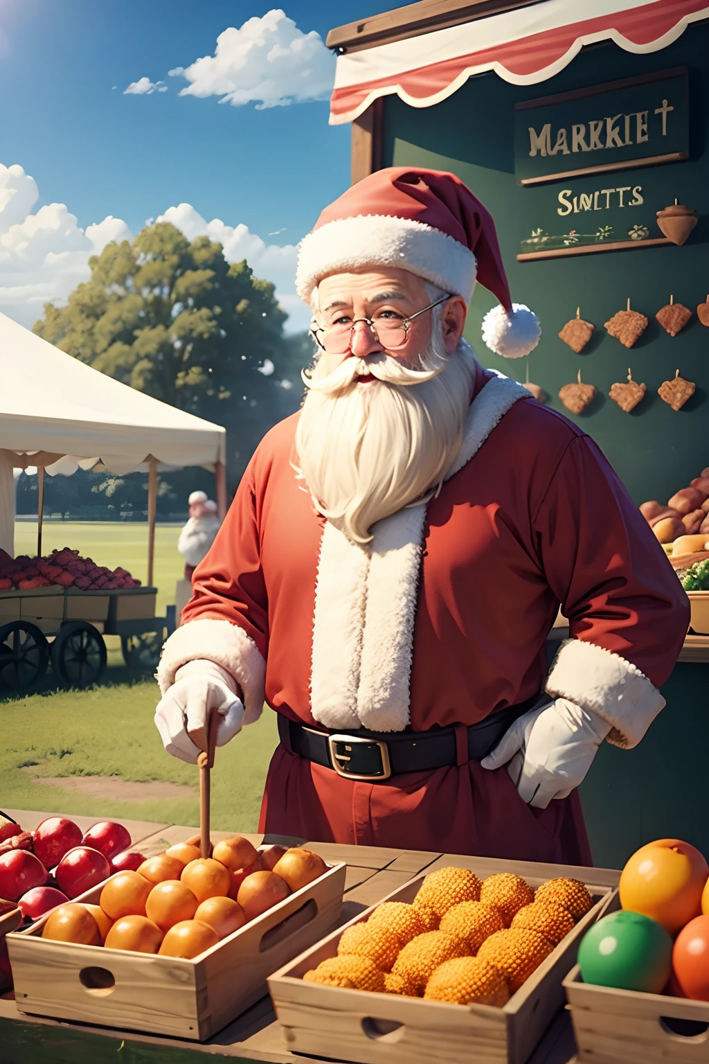 Santa at a country market stall selling toys. The market is in a grassy field and it is sunny. In a Disney style