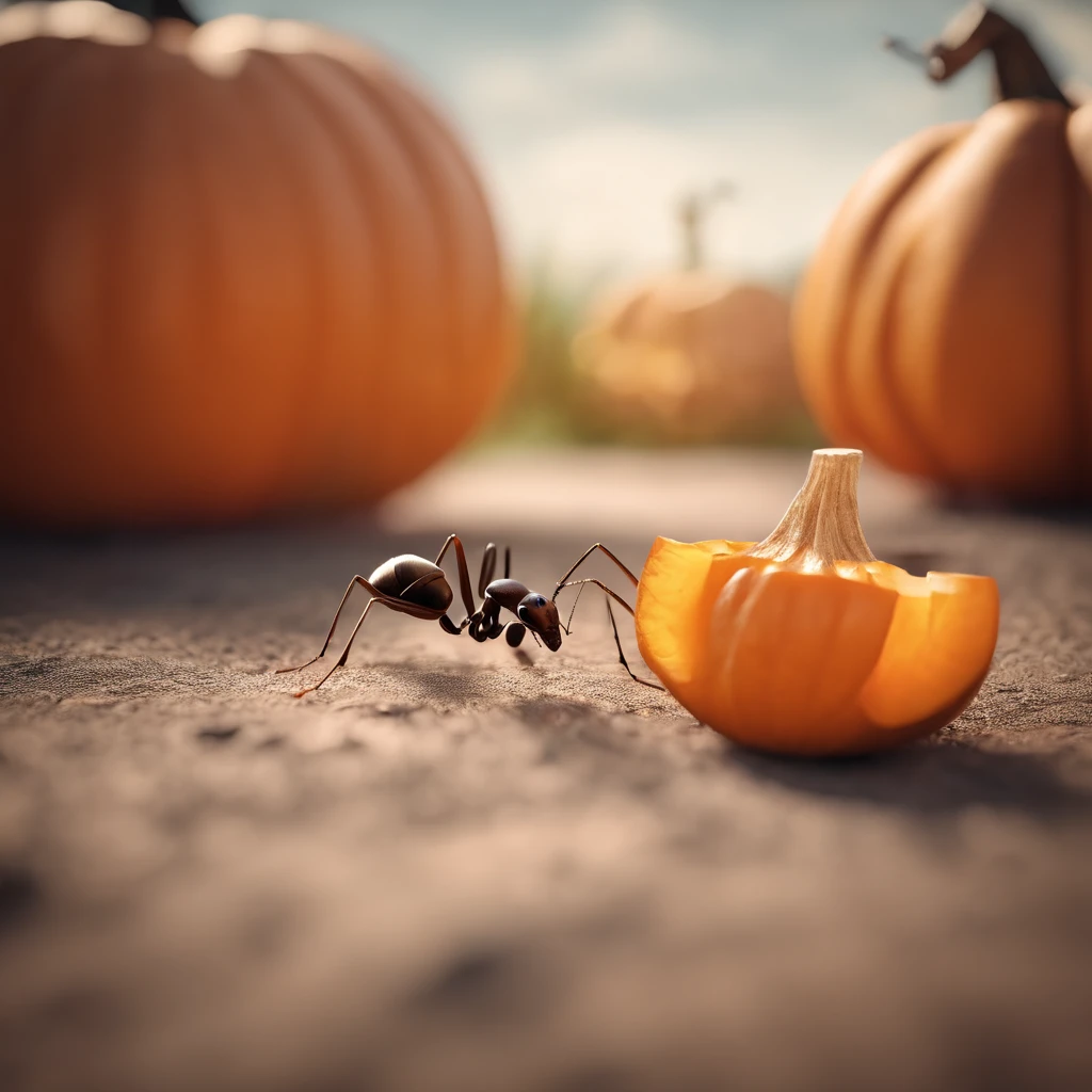 An ant lying on a Halloween pumpkin，（tmasterpiece，best qualityer：1.2），very delicate beautiful，the best lights，The best shadow，depicted as a 3 d render, stylized as a 3d render, stylized 3d render