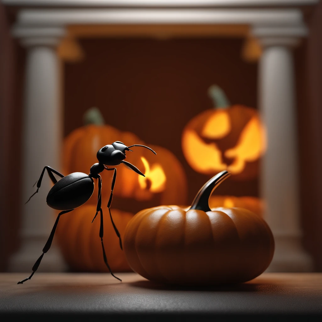 An ant lying on a Halloween pumpkin，（tmasterpiece，best qualityer：1.2），very delicate beautiful，the best lights，The best shadow，depicted as a 3 d render, stylized as a 3d render, stylized 3d render