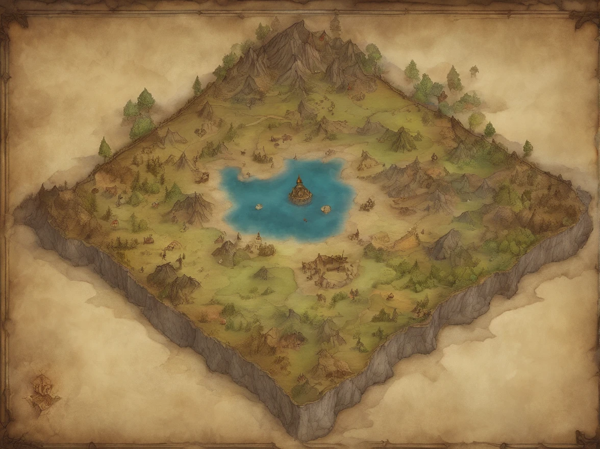 Aerial view taken directly from the drone from top to bottom, Parchment map of the mysterious continent, (Huge dark magic roots sprout from the West:1.2), (Black necrotic magic in the air:1.2), Fire, Ice and thunder, dungeons and dragons, Final Fantasy, Game art, (Coherent architecture and interior design, With realistic proportions and textures, Intricate details, handpainted, vibrant, Cinematic lighting, Masterpiece, 8K:1.2),World map