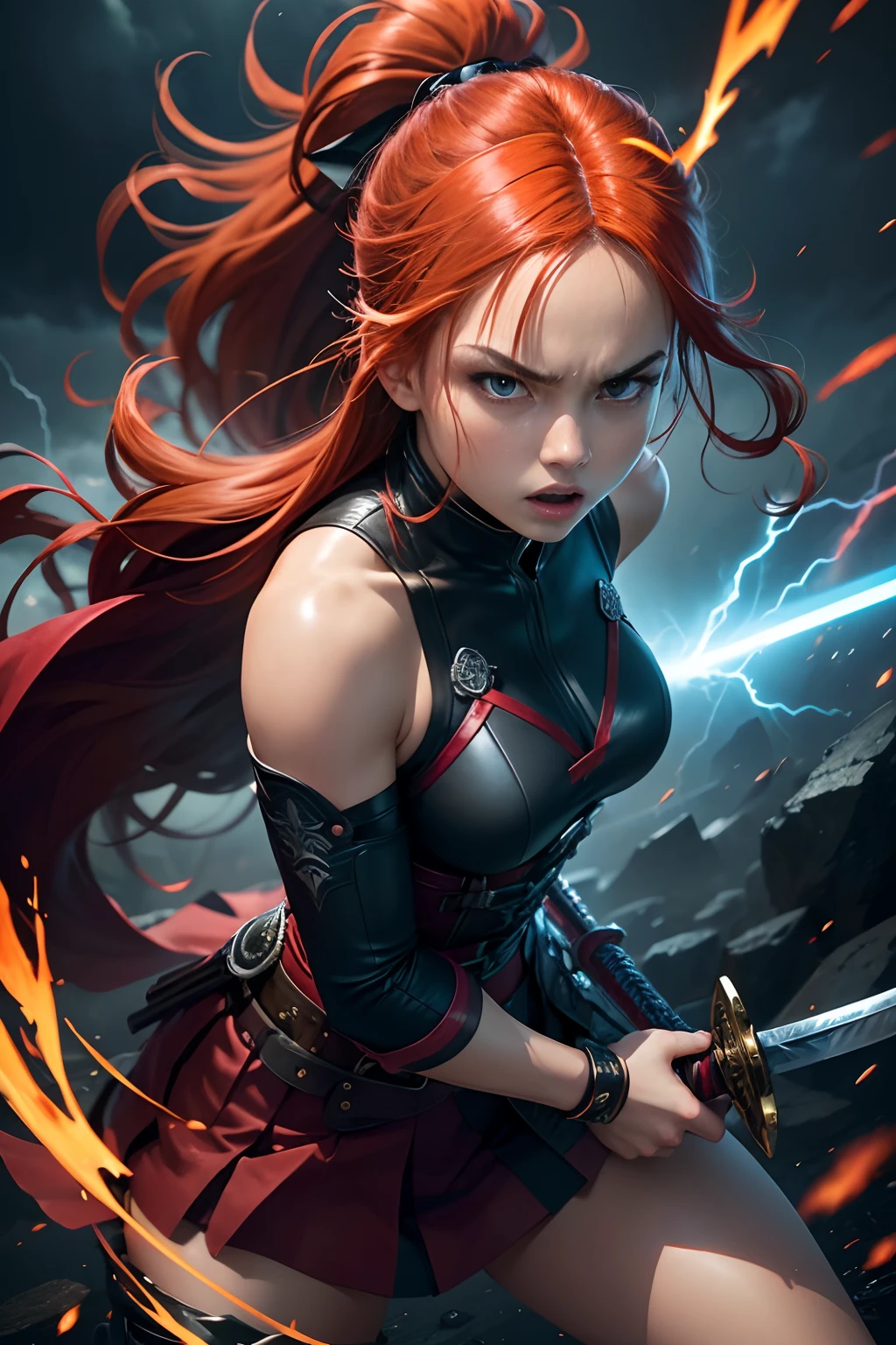 anime style,A girl with bright red hair and fierce, bright eyes, fierce facial expressions, holding a katana in her hands with intense focus. The atmosphere around her is filled with dark, stormy clouds and crackling lightning, highlighting her anger and power. The katana itself is highly detailed, with intricate carvings and a shiny blade that reflects lightning. The girl is surrounded by destructive energy, with blazing flames and swirling winds creating a chaotic scene. The anime style of the art amplifies the intensity of the tantrum, with vibrant colors and dynamic poses. The overall color scheme is bold and vivid, with a mix of intense reds, deep blacks, and bright blues. The lighting is dramatic, with strong contrasts between light and shadow. The image is of the best quality, with ultra-detailed features and realistic textures. The artist paid great attention to the smallest details, capturing every strand of hair, every muscle and every expression. The image is a masterpiece