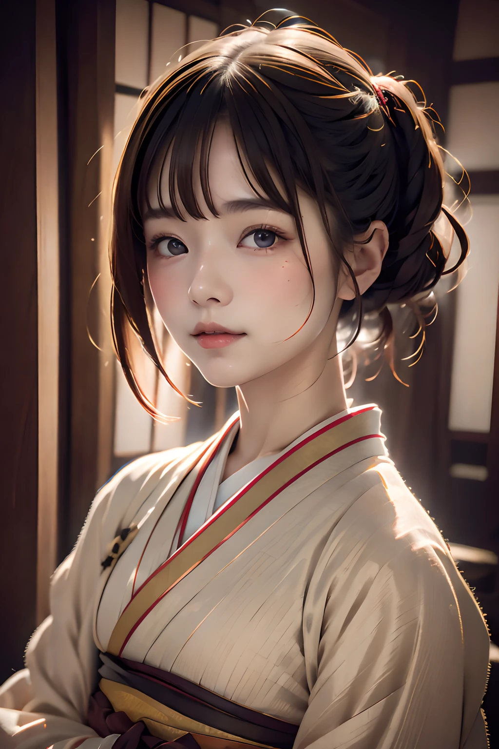 Digital portrait of Japan short-haired woman, Beautiful face,hair messy,Convoluted, Cinematic, unreal enginee 5, a gorgeous, Incredible color grading, Kimono,Japanese dress,Hakama, Photography, cinematic photography, art by、ssmile