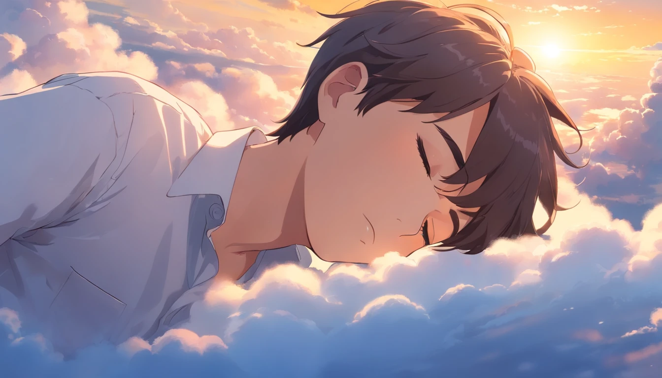 Sleeping on the clouds, Handsome man in white shirt, Eyes closed, Short-haired, Sunny