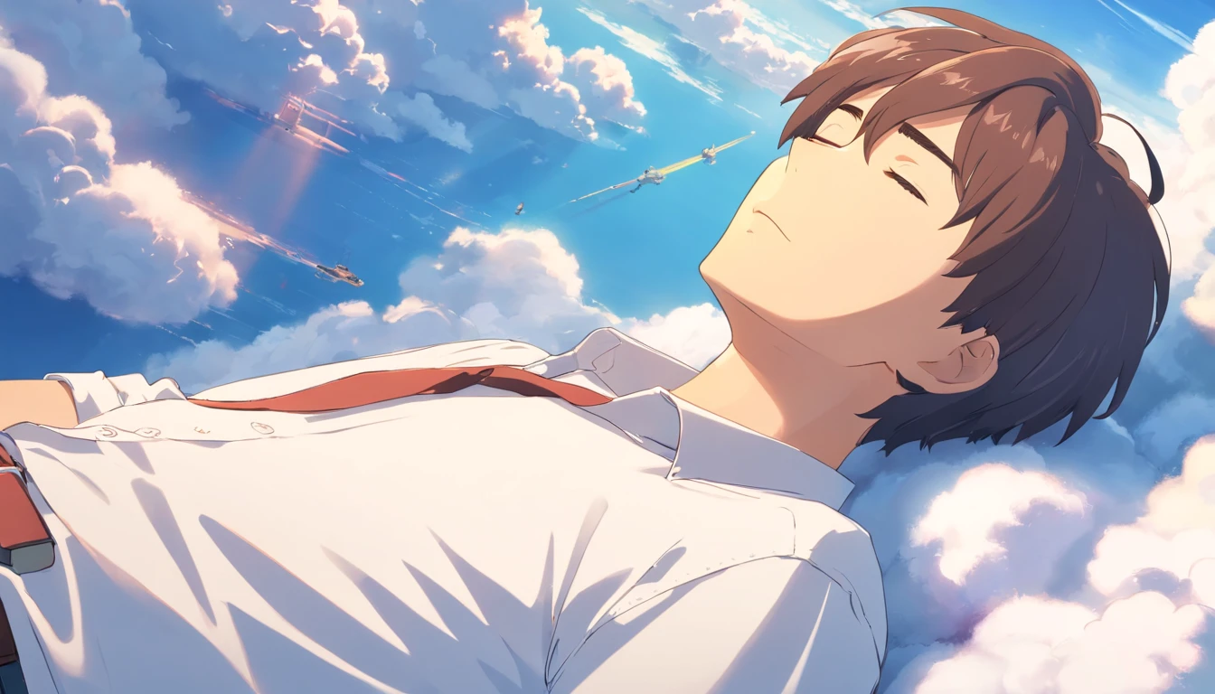 Sleeping on the clouds, Handsome man in white shirt, Eyes closed, Short-haired, Sunny