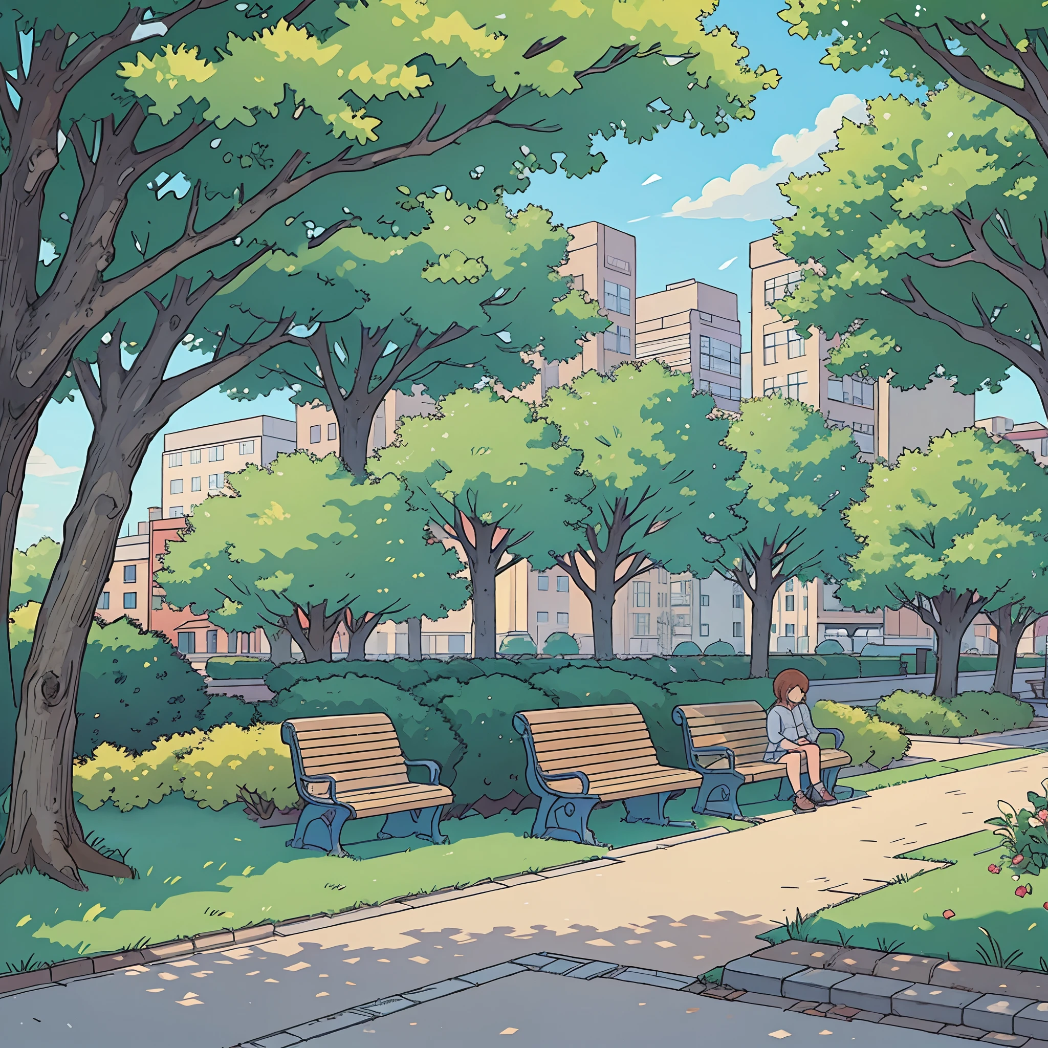 perfect anime illustration, city park, jour, Against the backdrop of a small town, the trees, Benches, path