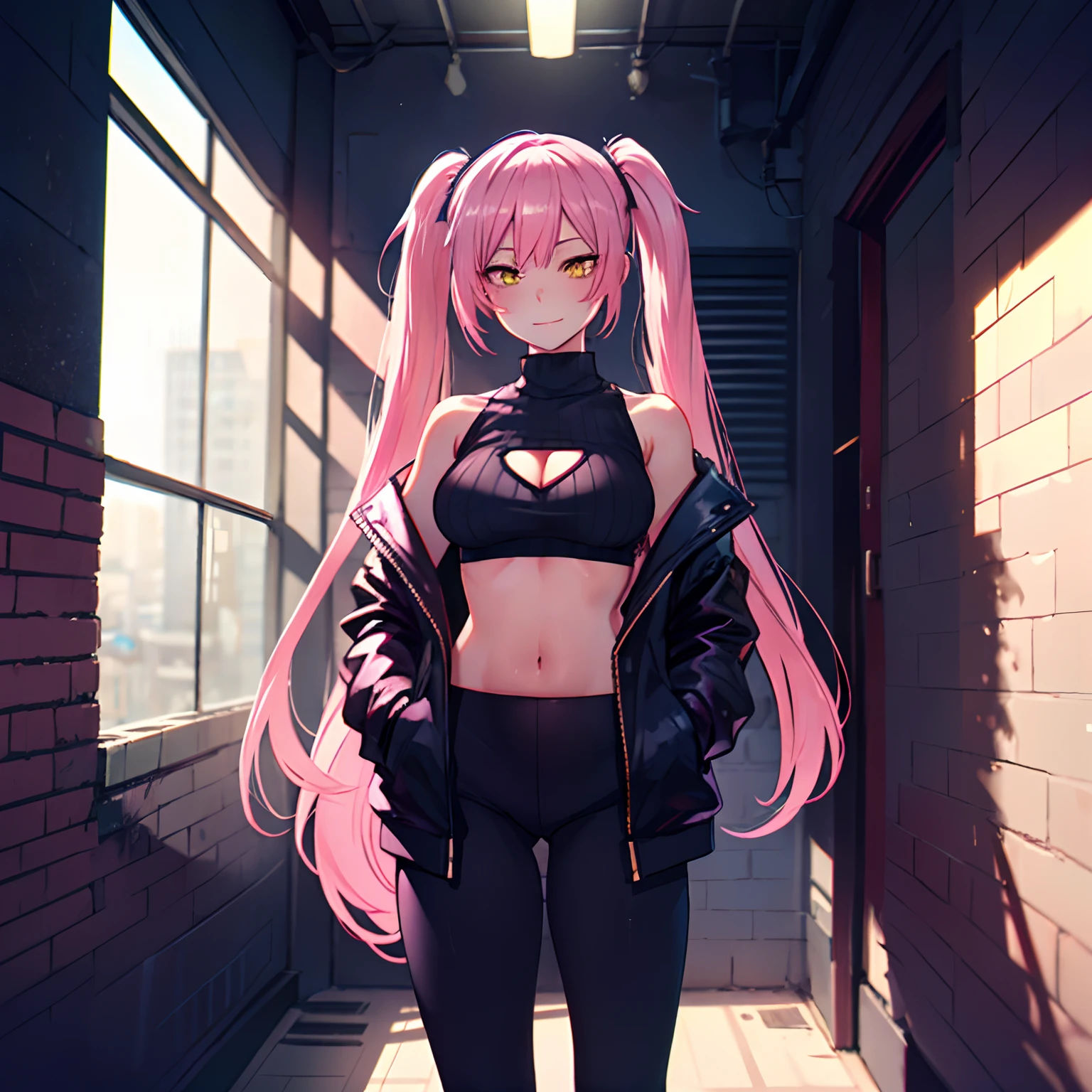 (master piece, best quality, 1 girl, alone, intricate details, chromatic aberration), realistic, yellow eyes, Twintails hair, long hair, pink hair, medium breast, medium ass, smile, Happy, Bobby pins, Choker, ultra detailed, 8K wallpaper, reflection light, Ray tracing, realistic BREAK, Choker, cleavage, cleavage cutout, turtleneck crop top, ripped leg outfit, hands in pockets, yoga pants, against the wall, wall bricks, graffiti, dim lighting, alley