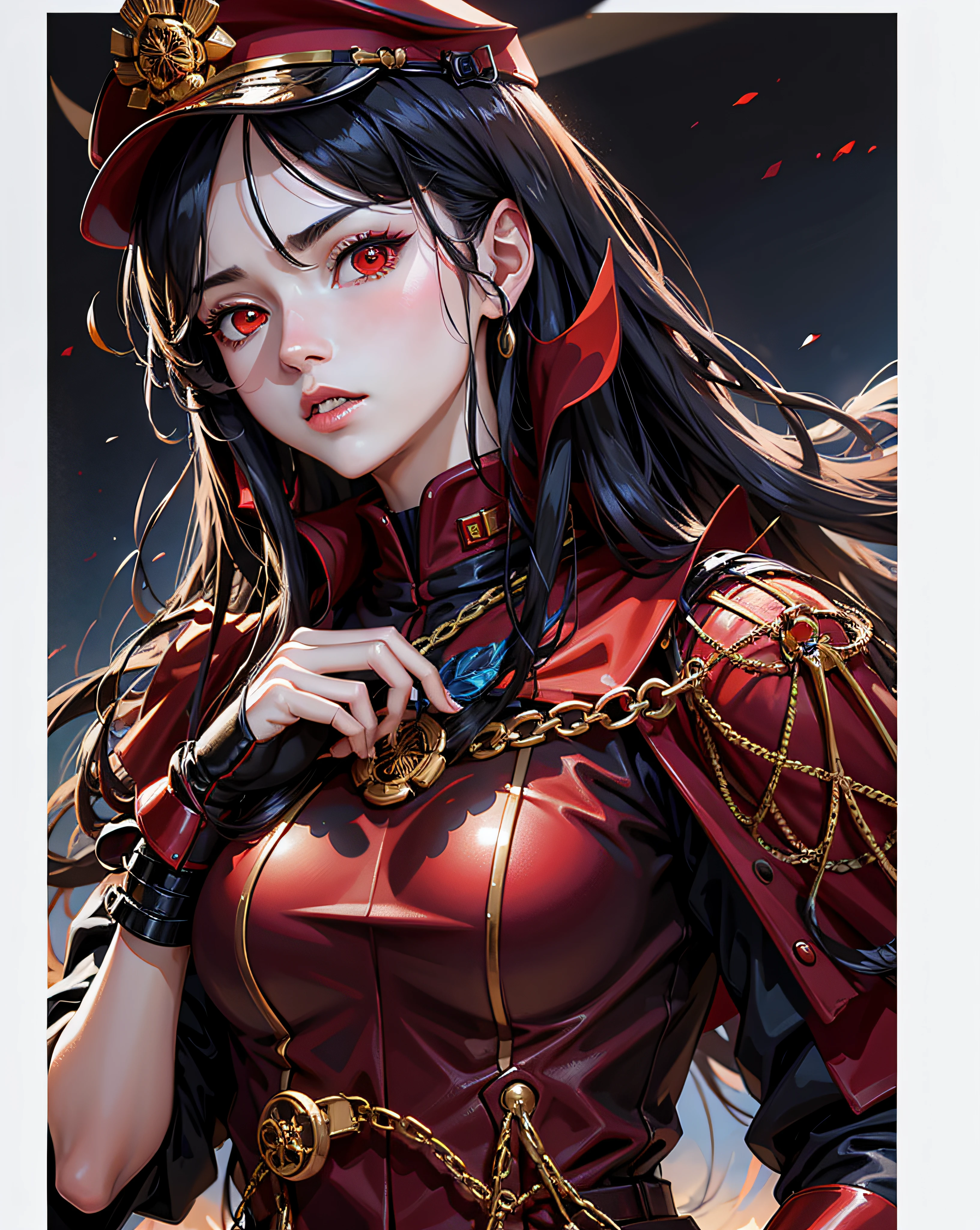 (Detailed face and eyes:1.1),1girll,Oda_smoll,Hat,Cape,Red eyes,army suit,Black hair,
Break,Hyper-detailing,(A high resolution:1.1),Best quality,(Masterpiece:1.3),Cinematic lighting,