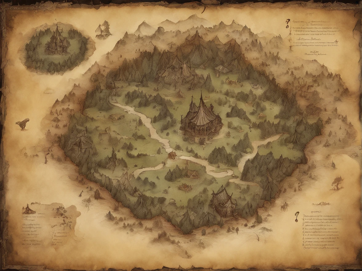 Aerial view taken from top to bottom directly from the drone, Parchment map of the mysterious continent, (Huge dark magic roots sprout from the West:1.2), (Black necrotic magic in the air:1.2), Fire, Ice and thunder, dungeons and dragons, Final Fantasy, Game art, (Coherent architecture and interior design, With realistic proportions and textures, Intricate details, handpainted, vibrant, Cinematic lighting, Masterpiece, 8K:1.2),World map