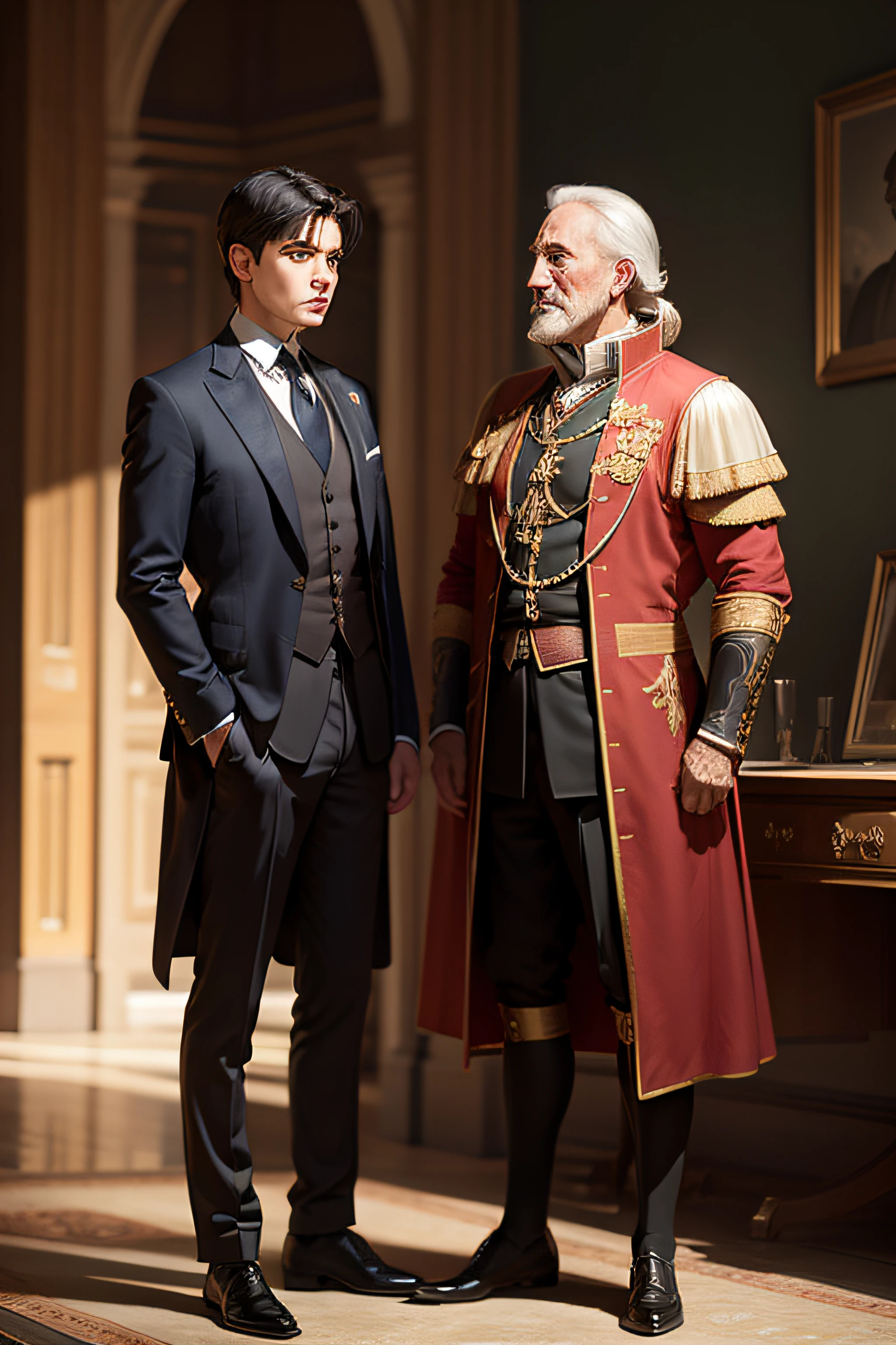 a young boy standing in front of a noble man