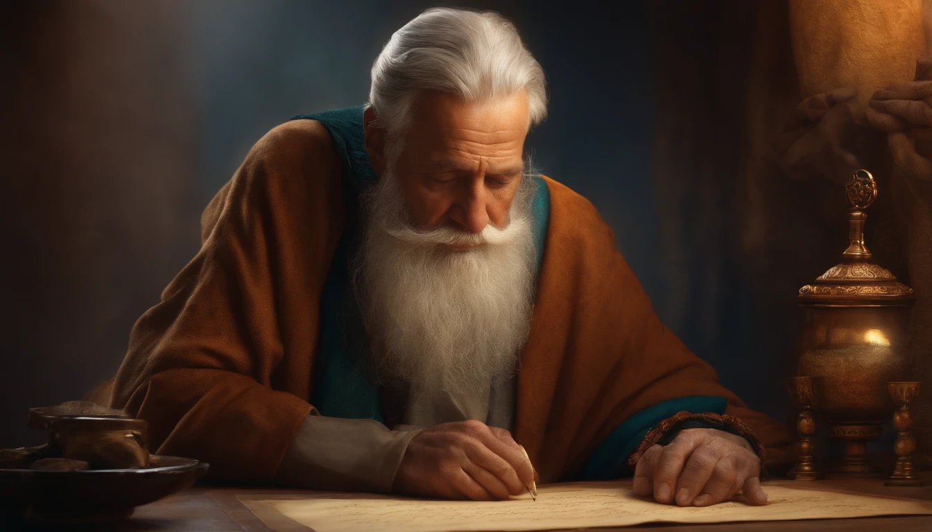 An old man full of confidence writes on parchment