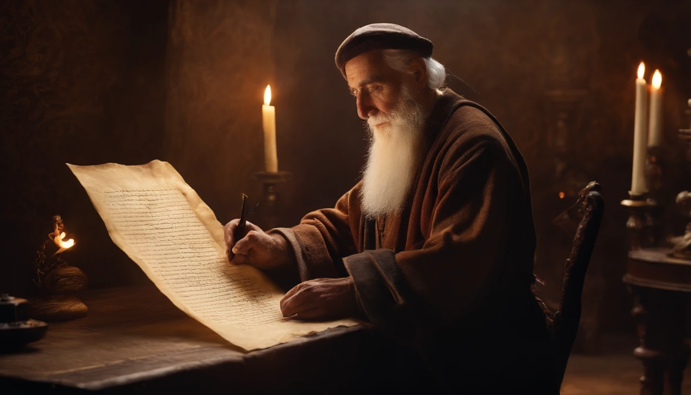 An old man full of confidence writes on parchment