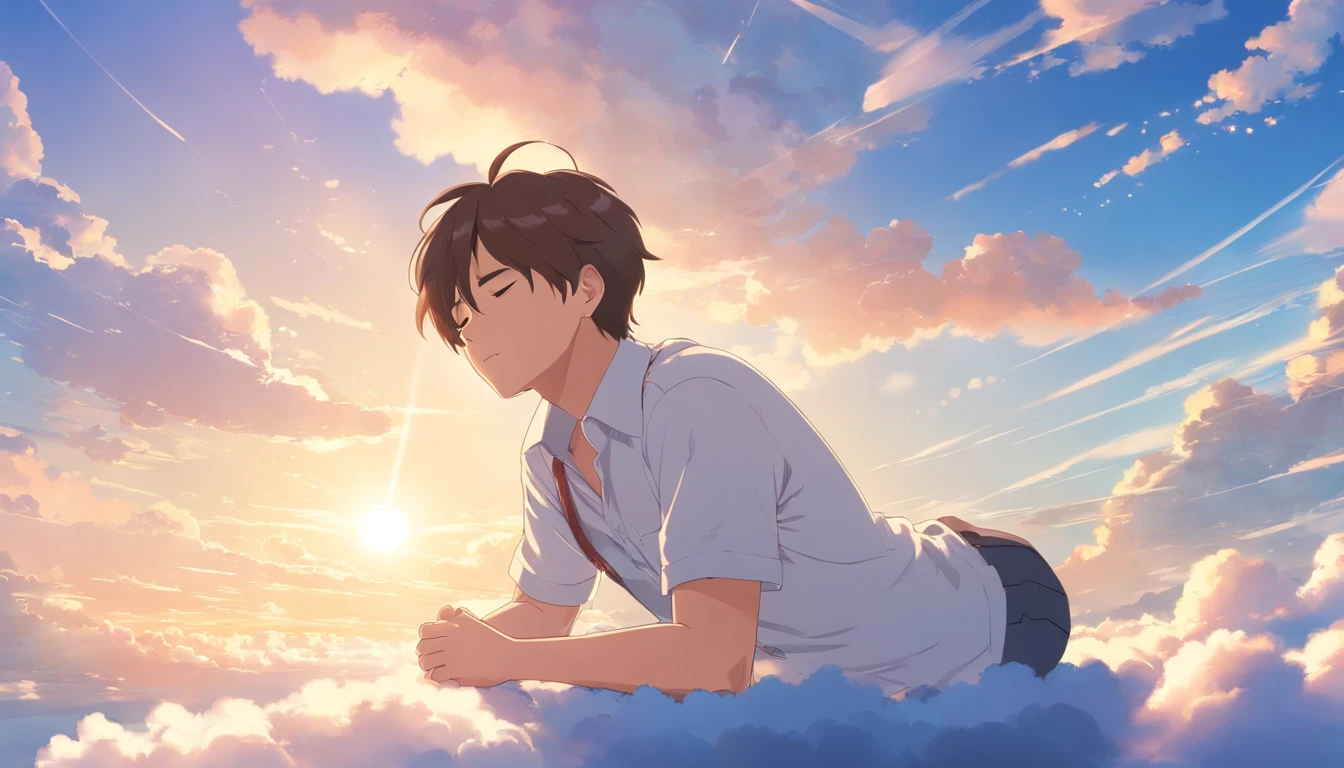 Sleeping on the clouds, Handsome man in white shirt, Eyes closed, Short-haired, Sunny