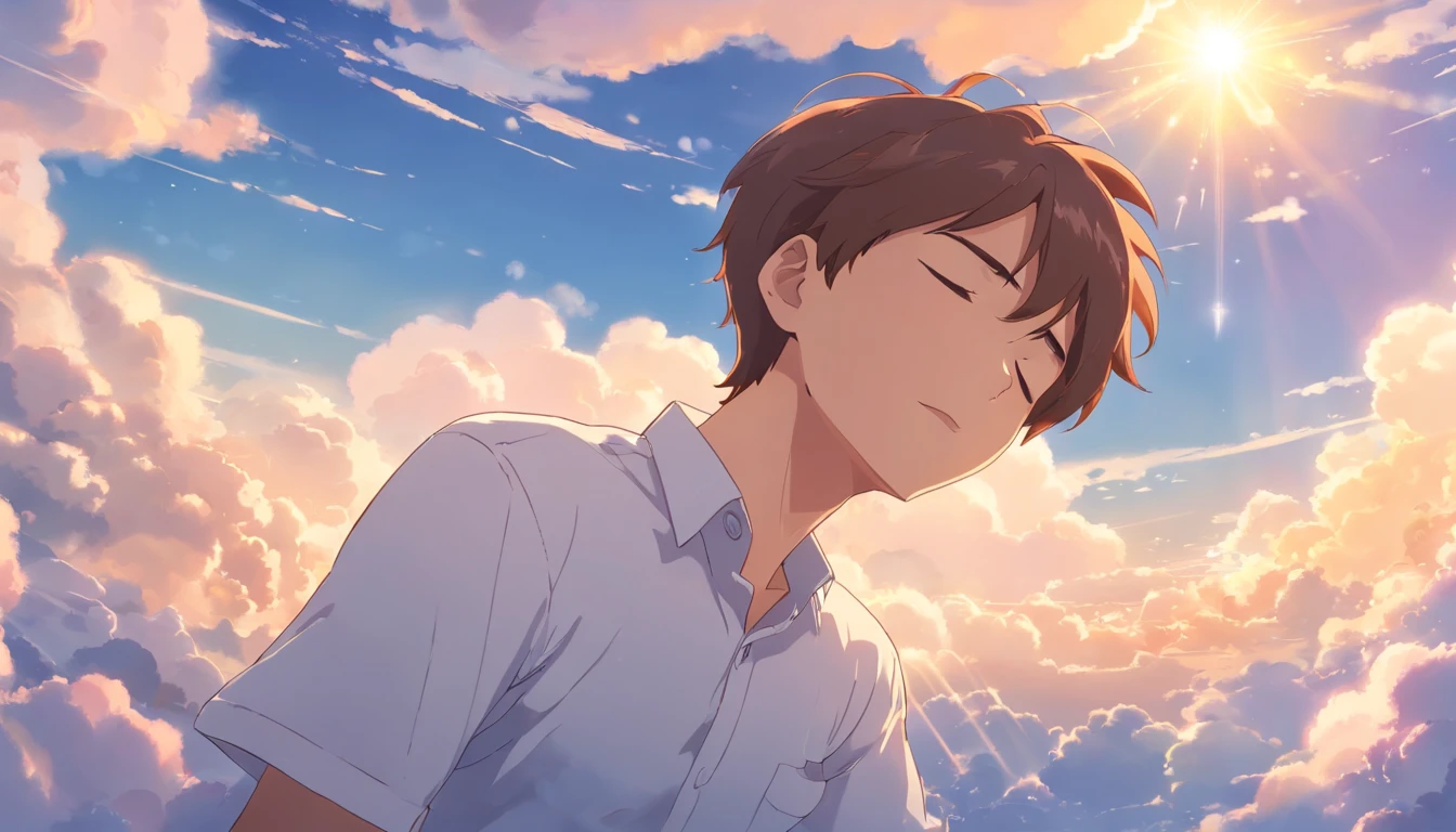 Sleeping on the clouds, Handsome man in white shirt, Eyes closed, Short-haired, Sunny